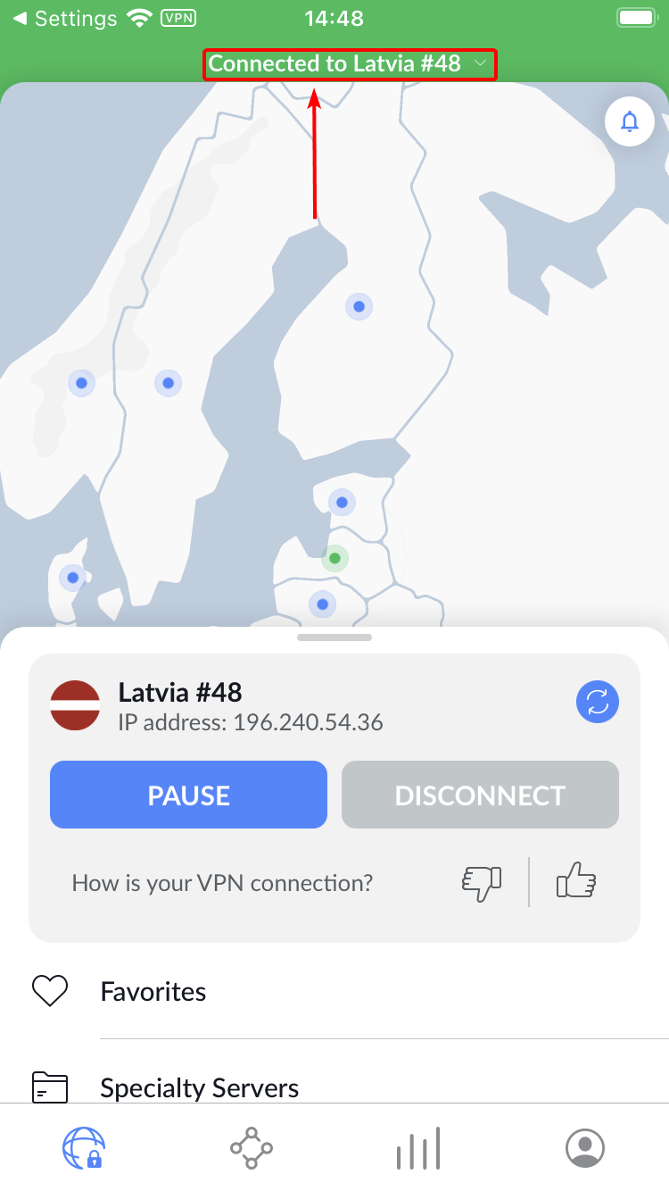 NordVPN connected to (country) on iOS.png