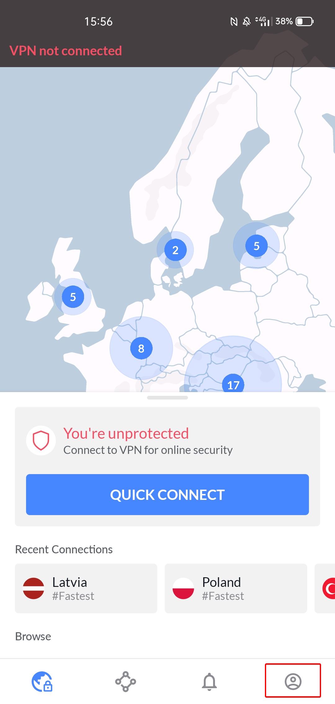 NordVPN on android main menu directing to profile icon.jpg