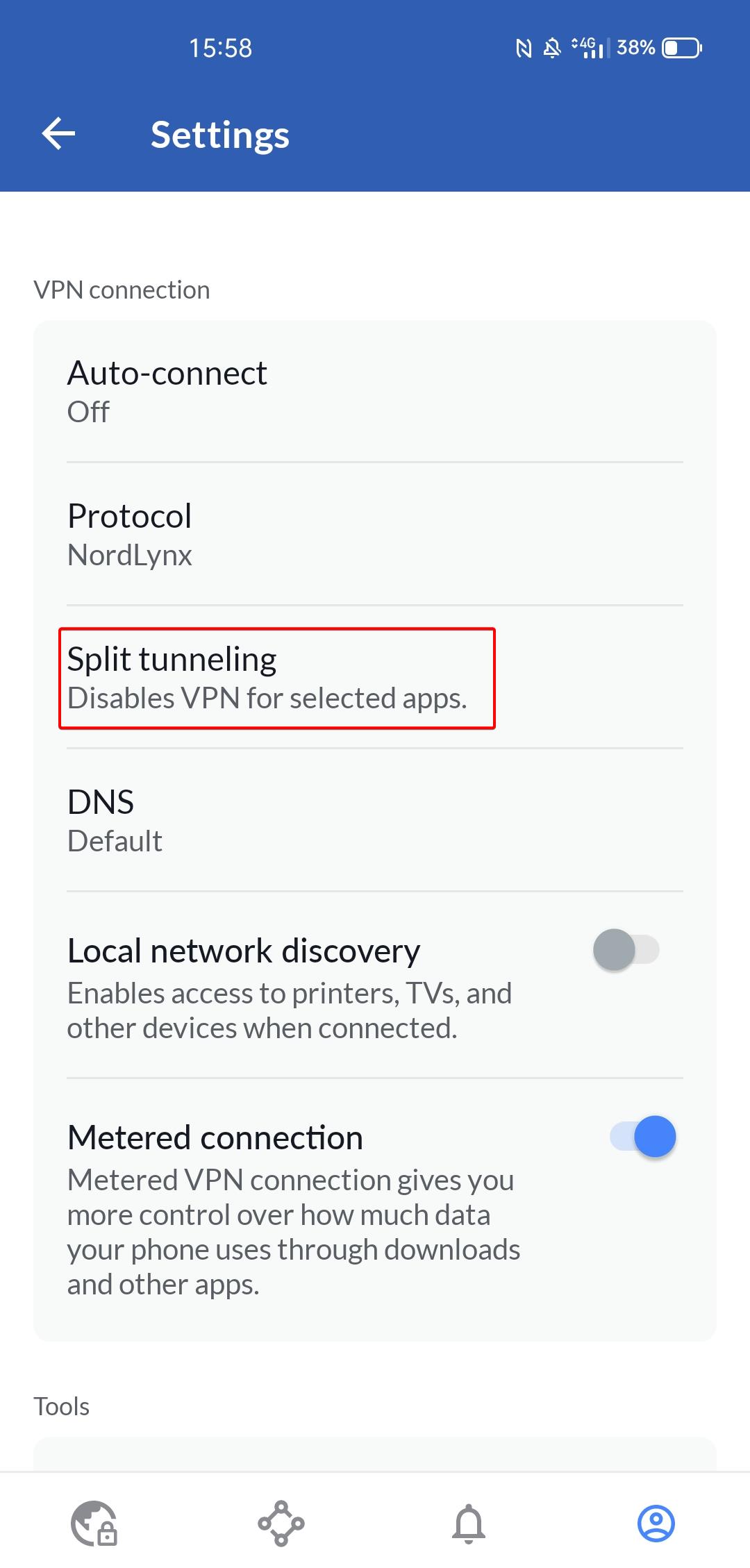 NordVPN connection settings and choose the Split tunneling option.jpg