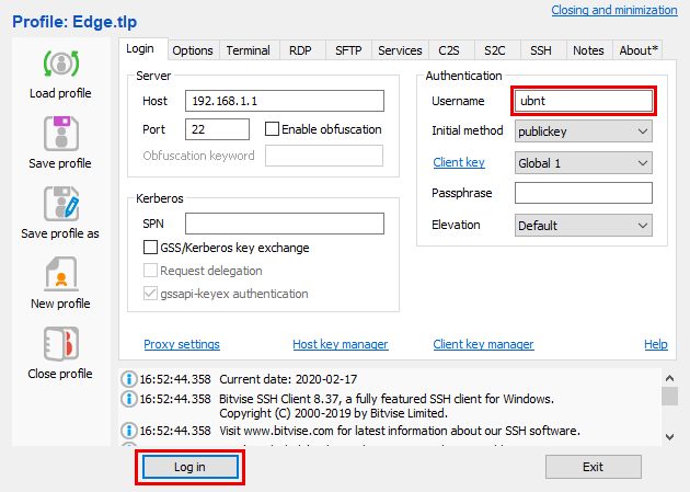  In the downloaded SSH client, enter your username and click “Log in” to access your router