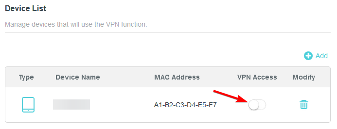 to enable click on a slider under VPN Access section