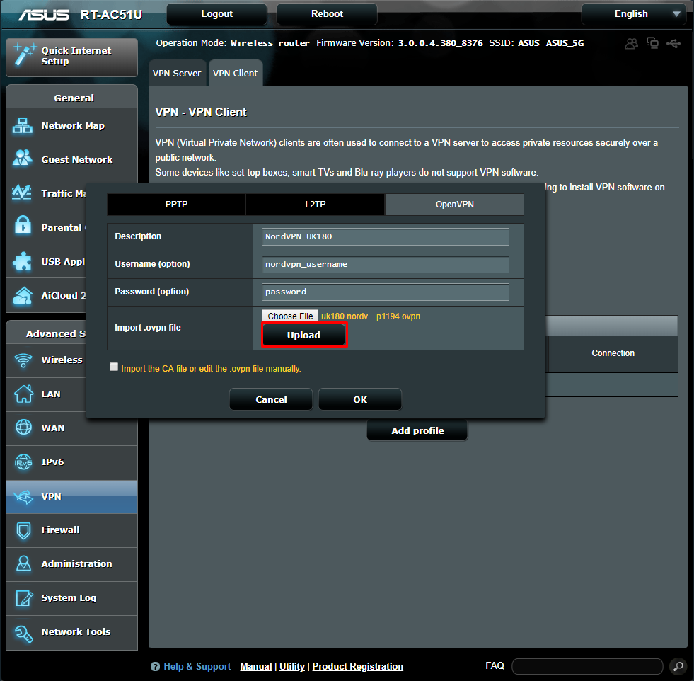 Completing the Asus router configuration upload process