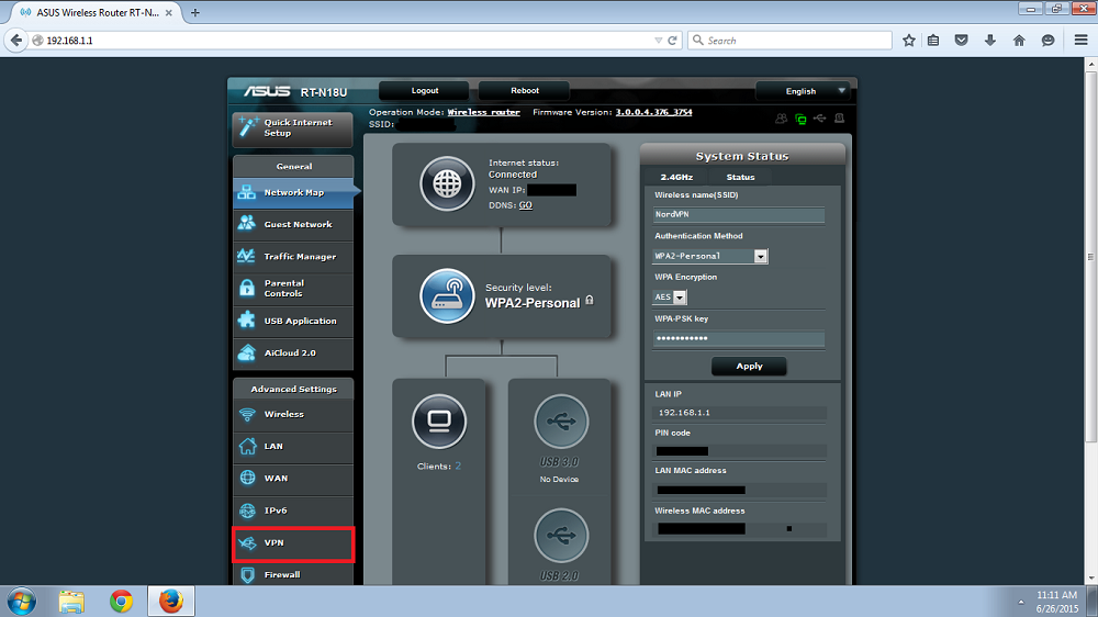 Select "VPN" in your Asus router control panel.