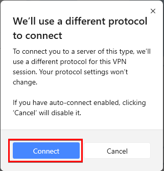 A pop-up window informing the user that the protocol will change.