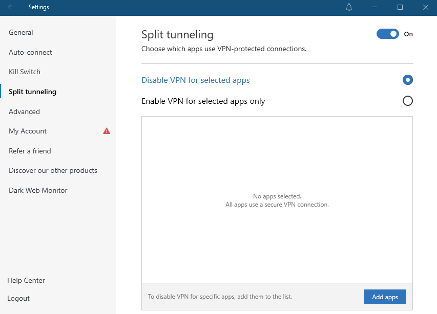 NordVPN split tunneling settings on win 7.png