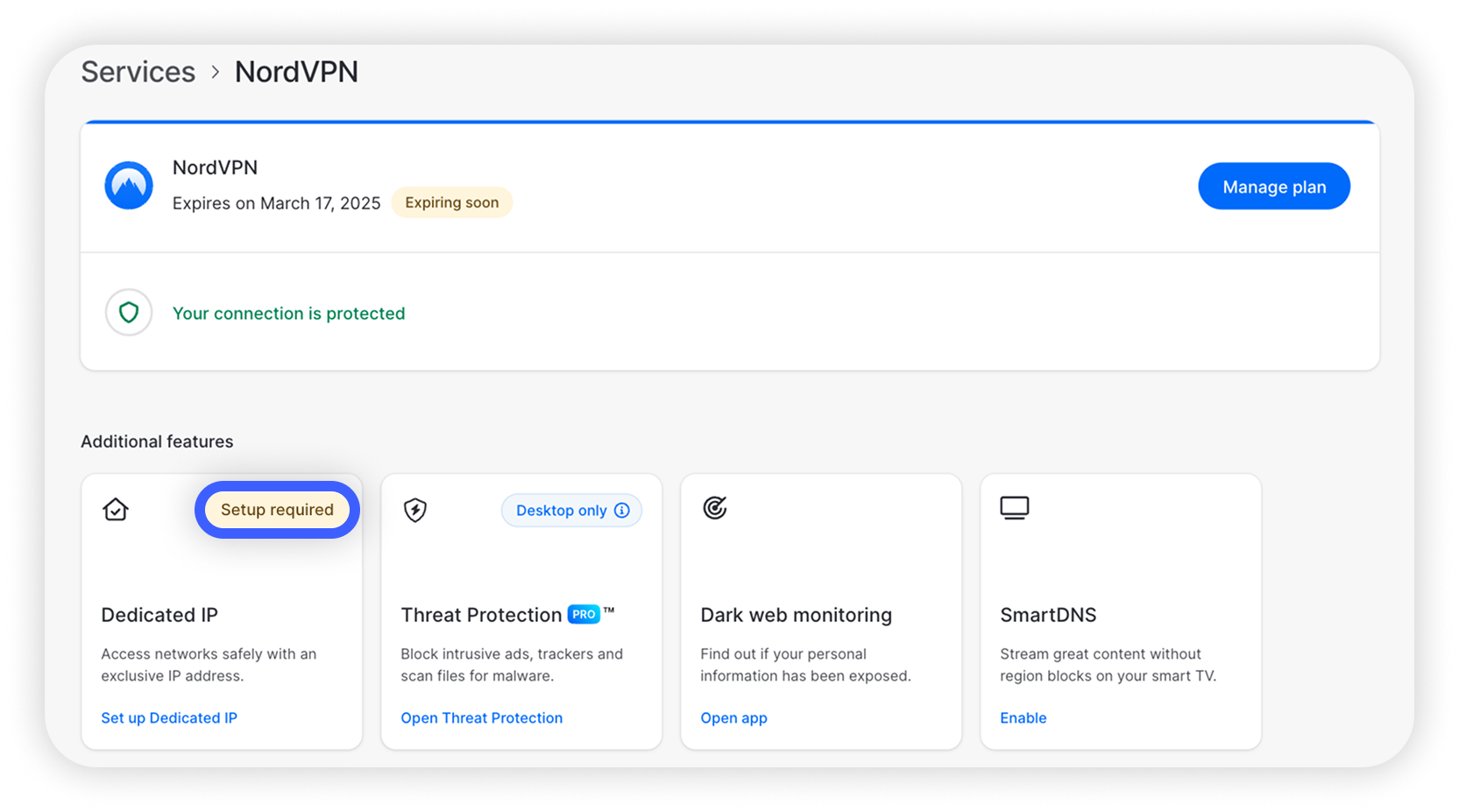 View of NA NordVPN service section, DIP setup required button is highlighted.png