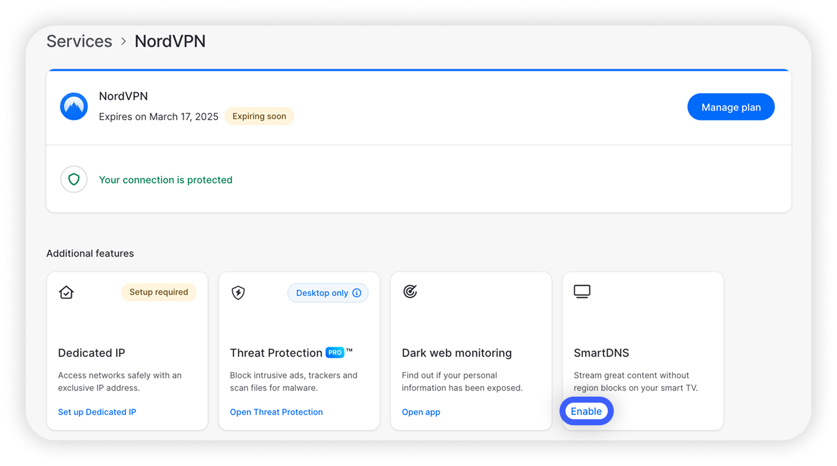 View of NA NordVPN section, SmartDNS's enable button is highlighted.png