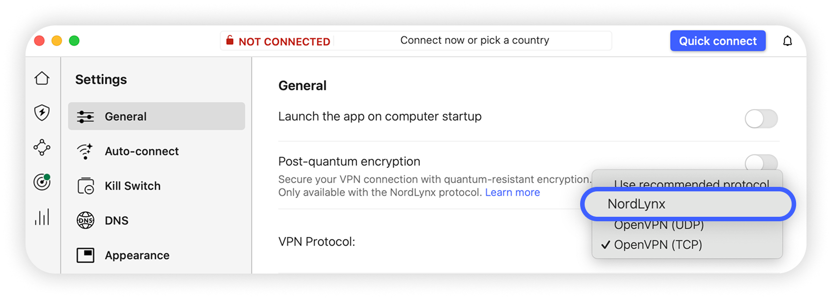 View of NordVPN macOS app's genereal settings, nordlynx protocol is highlighted.png