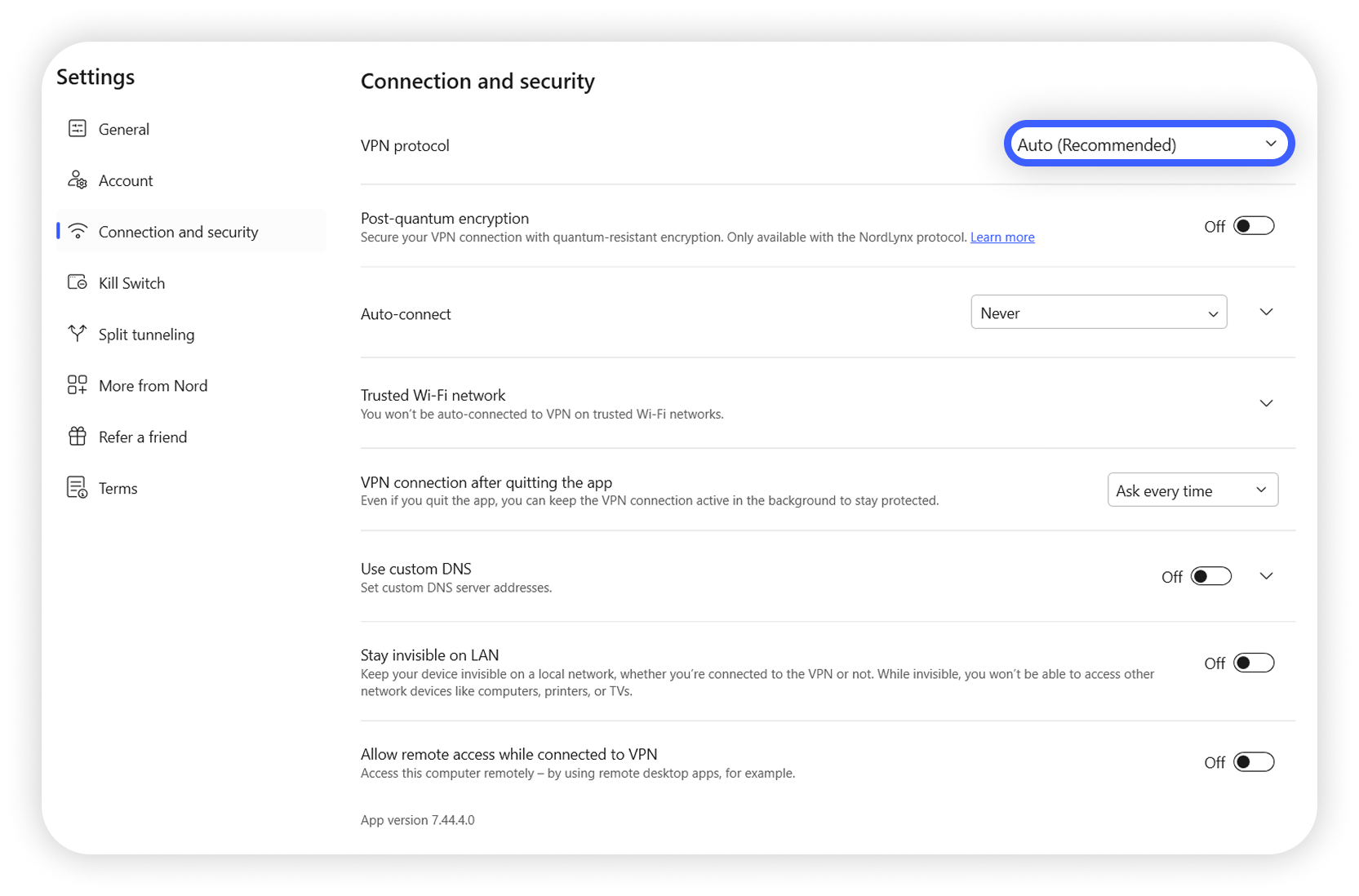 View of NordVPN Windows app settings section, protocol drop-down menu button is highlighted.png