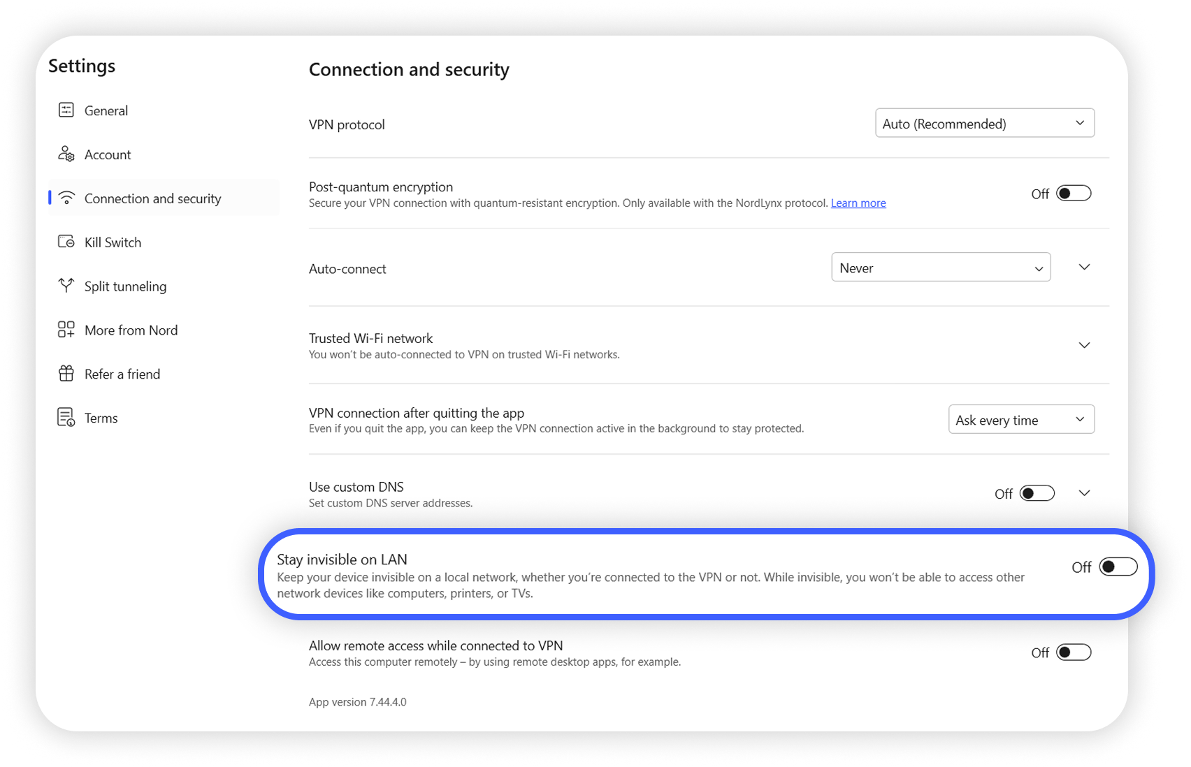 View of NordVPN Windows app settings section, stay invisible on lan feature is highlighted.png
