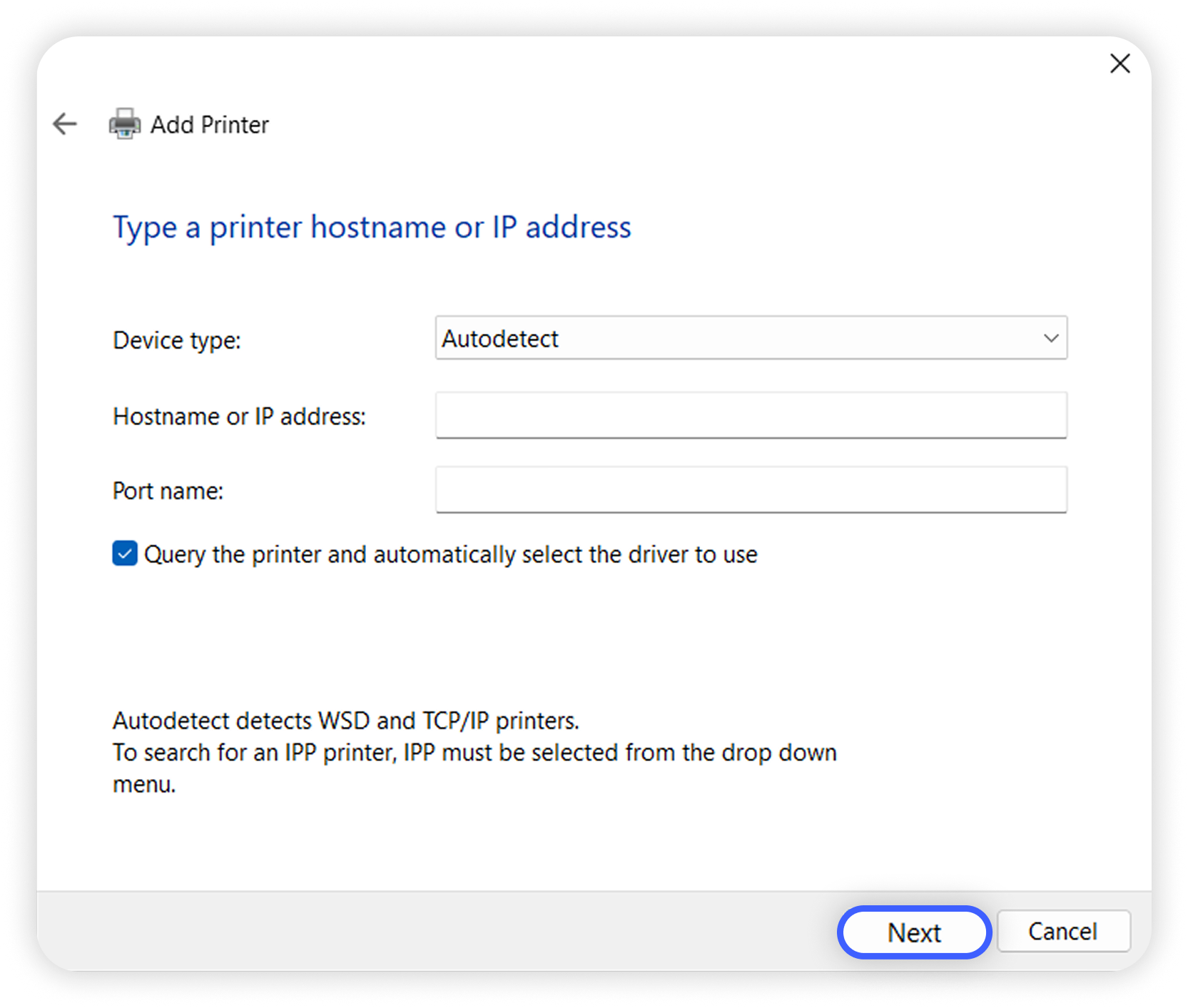 View of Windows add printer popup type a printer hostname or IP address section, next button is highlighted.png