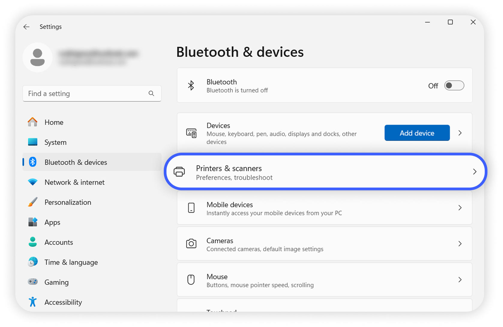 View of Windows settings, printers & scanners button is highlighted.png