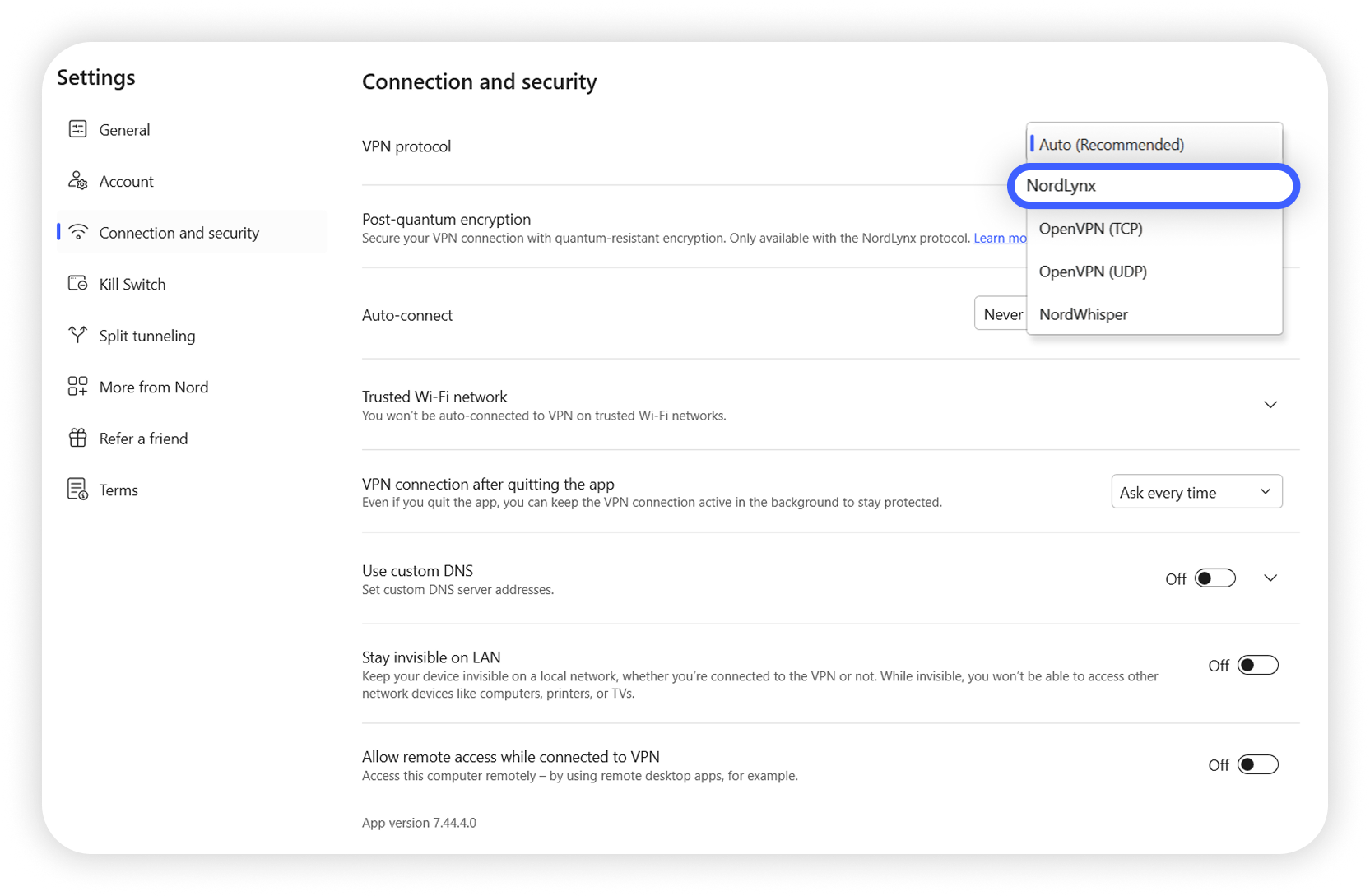 View of NordVPN Windows app settings section, nordlynx button is highlighted.png