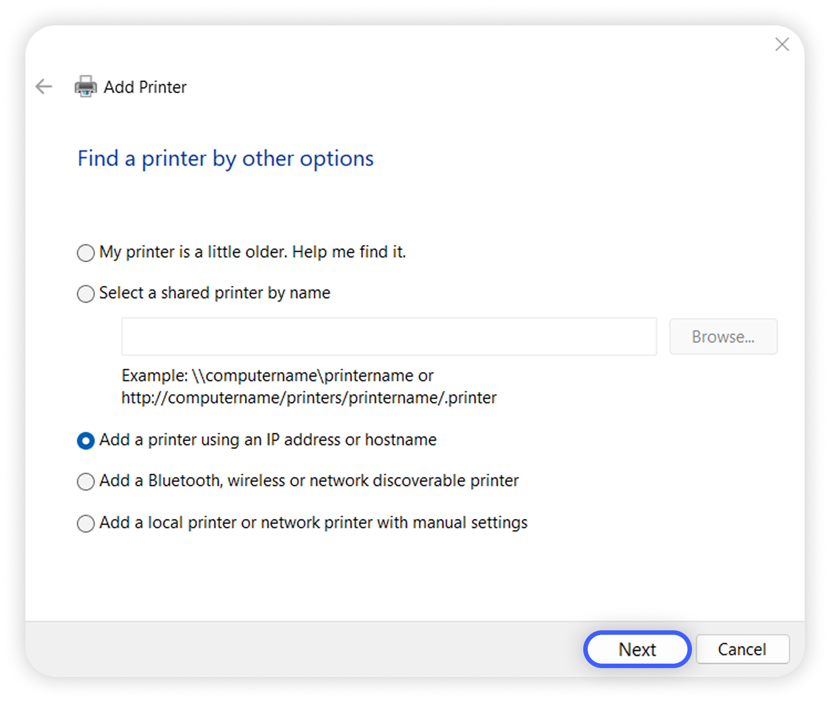 View of Windows add printer popup find a printer by other options section, next button is highlighted.png