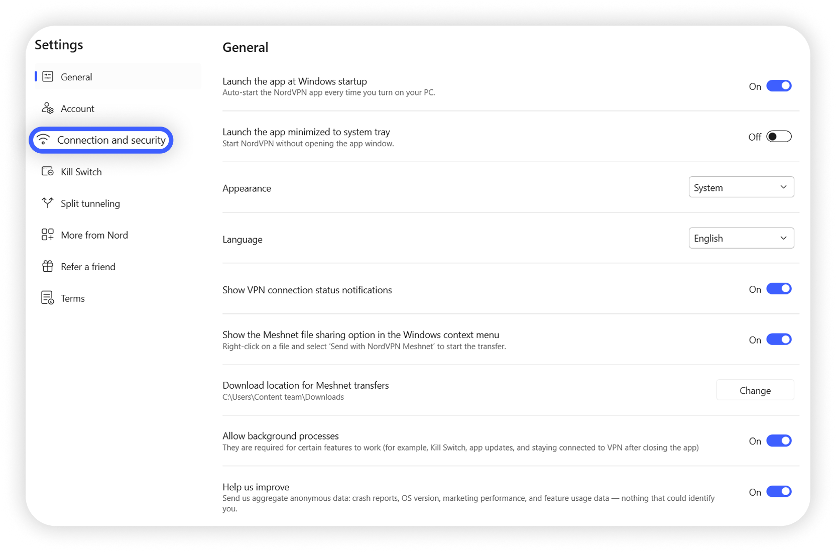 View of NordVPN Windows app settings section, connection and security button is highlighted.png