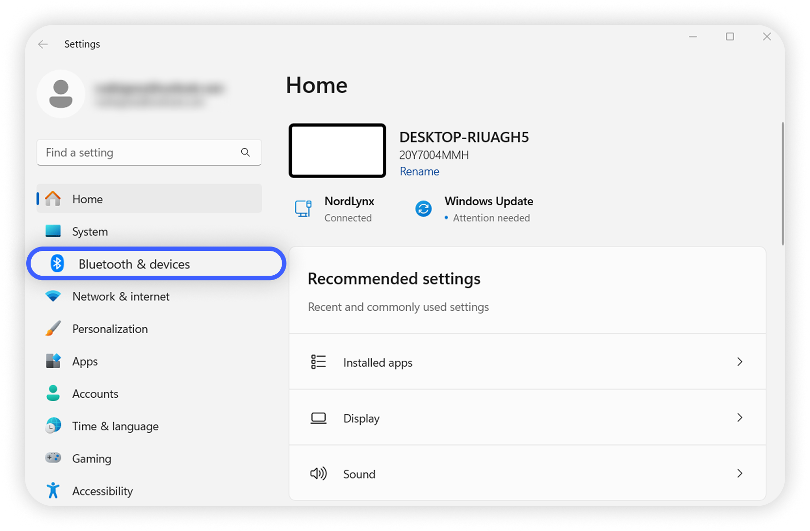 View of Windows settings, bluetooth & devices button is highlighted.png
