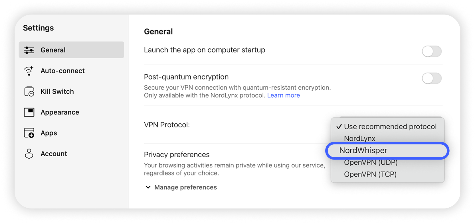View of NordVPN macOS App Store app settings, NordWhisper is highlighted.png