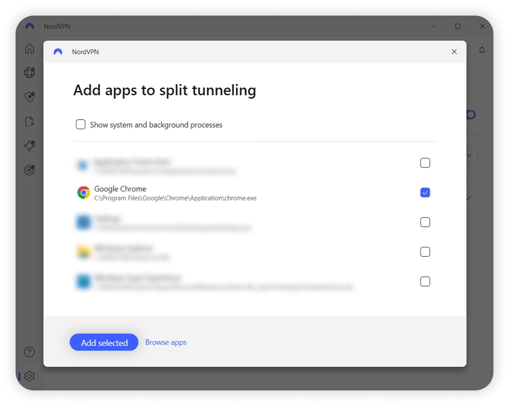 View of Windows NordVPN application's split tunneling section, add selected button is highlighted.png