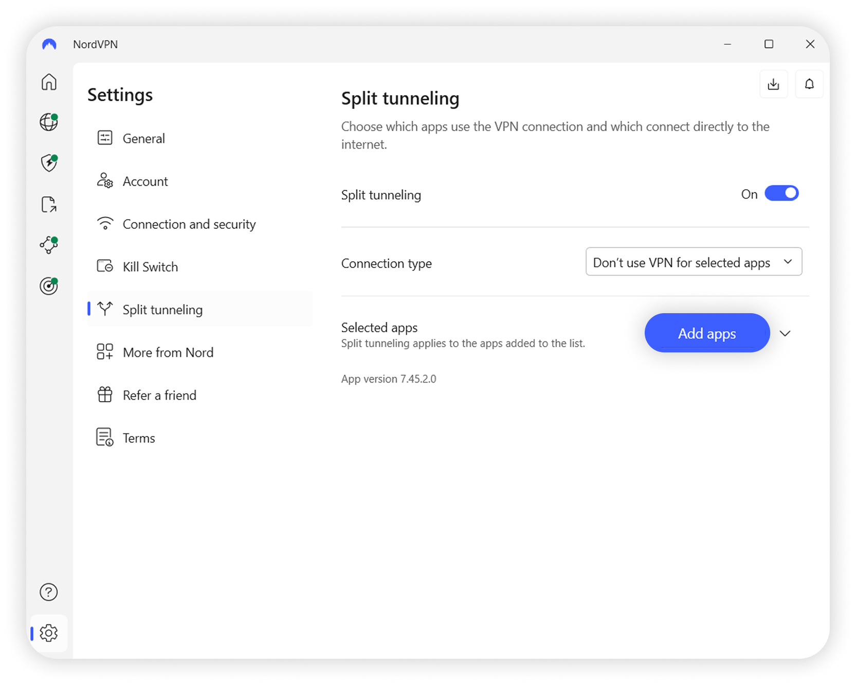 View of Windows NordVPN application's split tunneling section, add apps button is highlighted.png