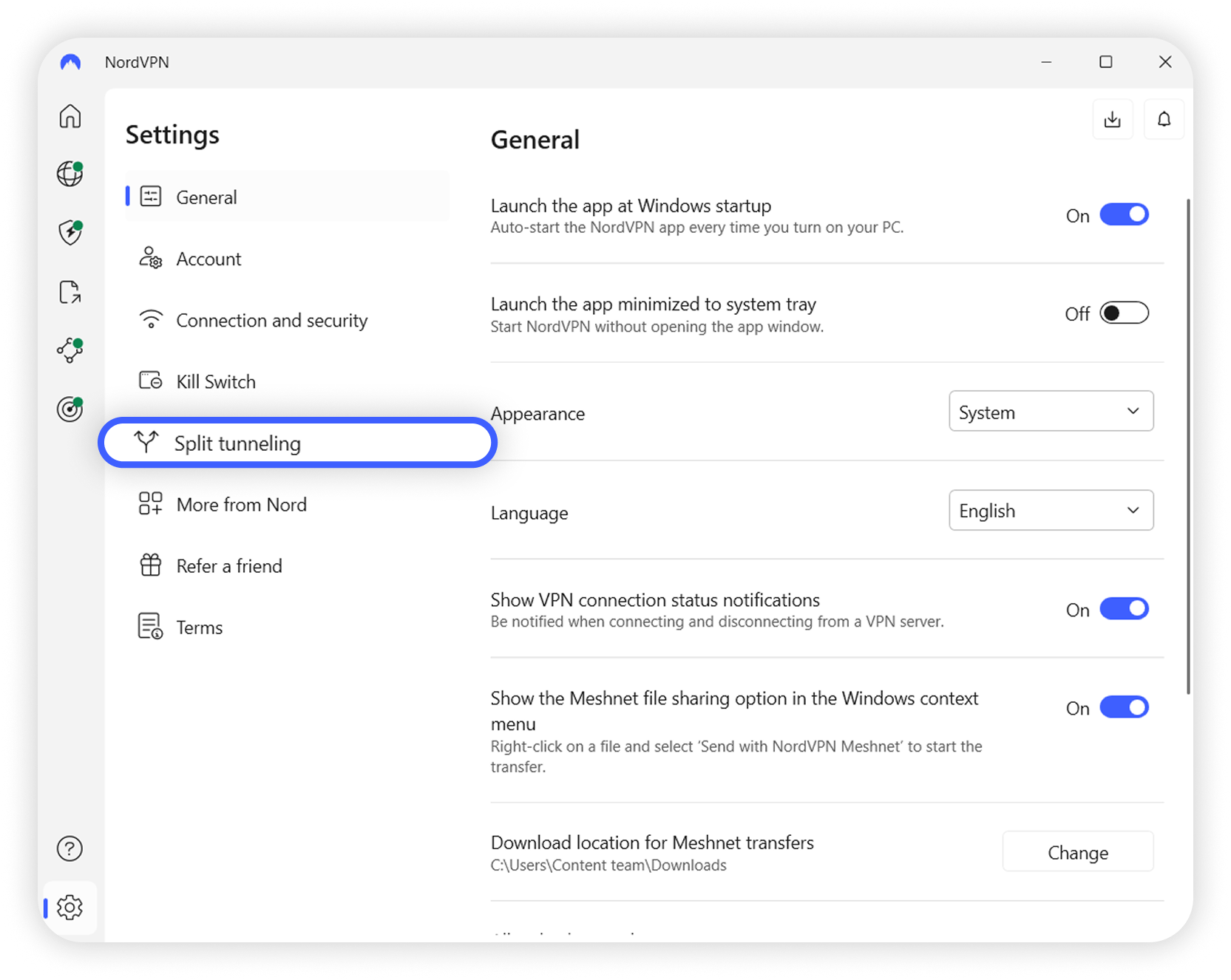 View of Windows NordVPN application's settings, split tunneling button is highlighted.png