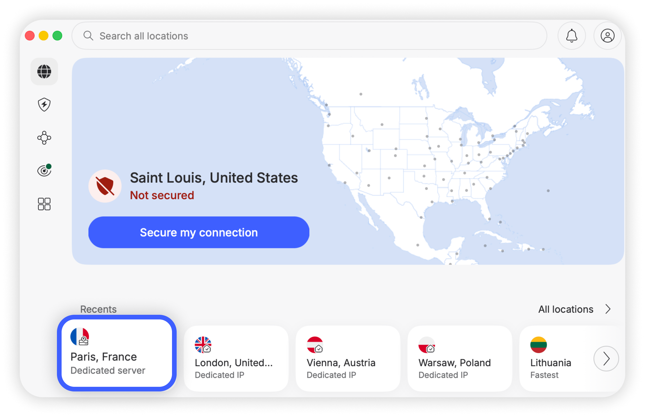 Écran d'accueil NordVPN pour macOS avec l'entrée du serveur dédié Paris, France mise en surbrillance dans la liste Récents
