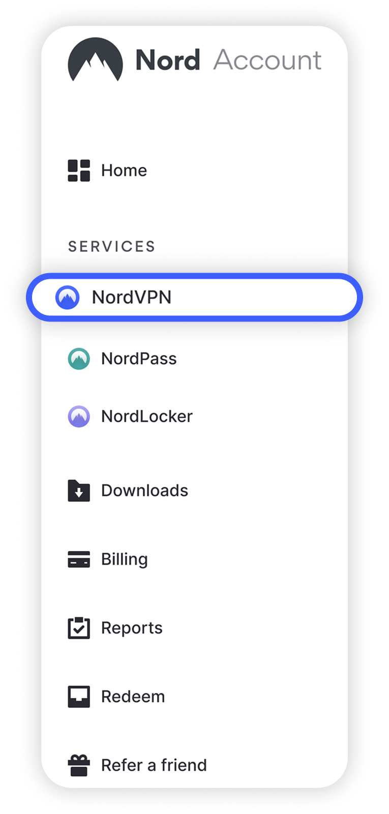 Nord Account-sidepanel med NordVPN-alternativet uthevet under Services