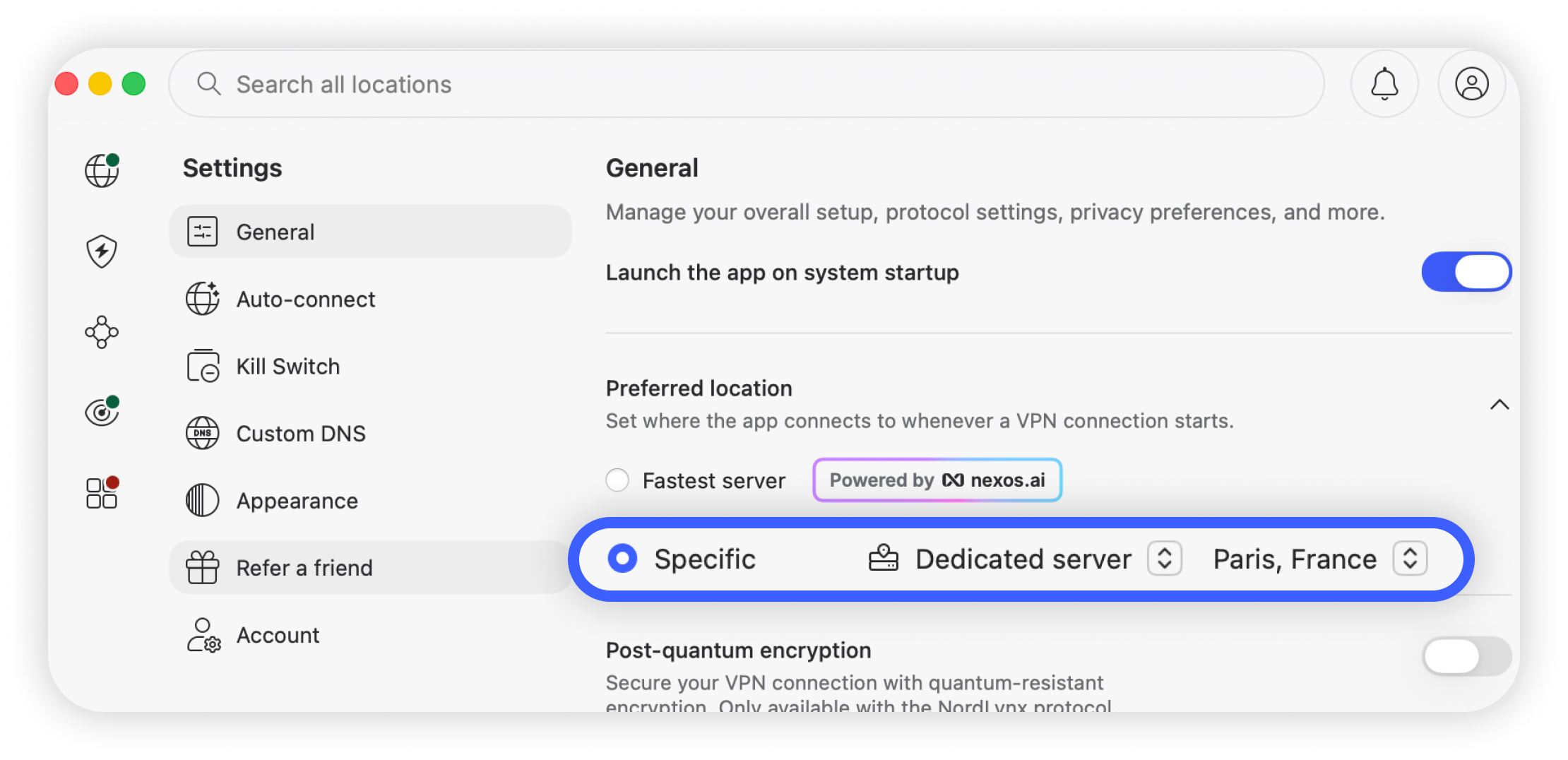 NordVPN macOS 版「設定 > 一般」，首選位置設為「特定 > Dedicated server > 巴黎（法國）」並已醒目顯示