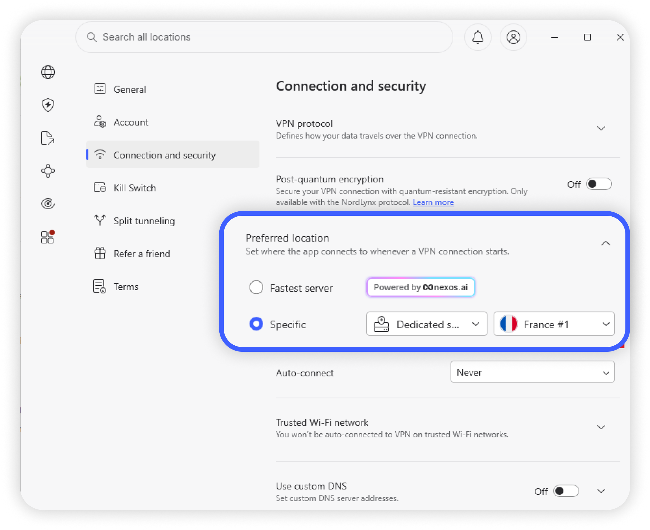 NordVPN für Windows Einstellungen > Verbindung und Sicherheit mit bevorzugtem Standort auf Spezifisch > Dedicated server > France #1 gesetzt, hervorgehoben