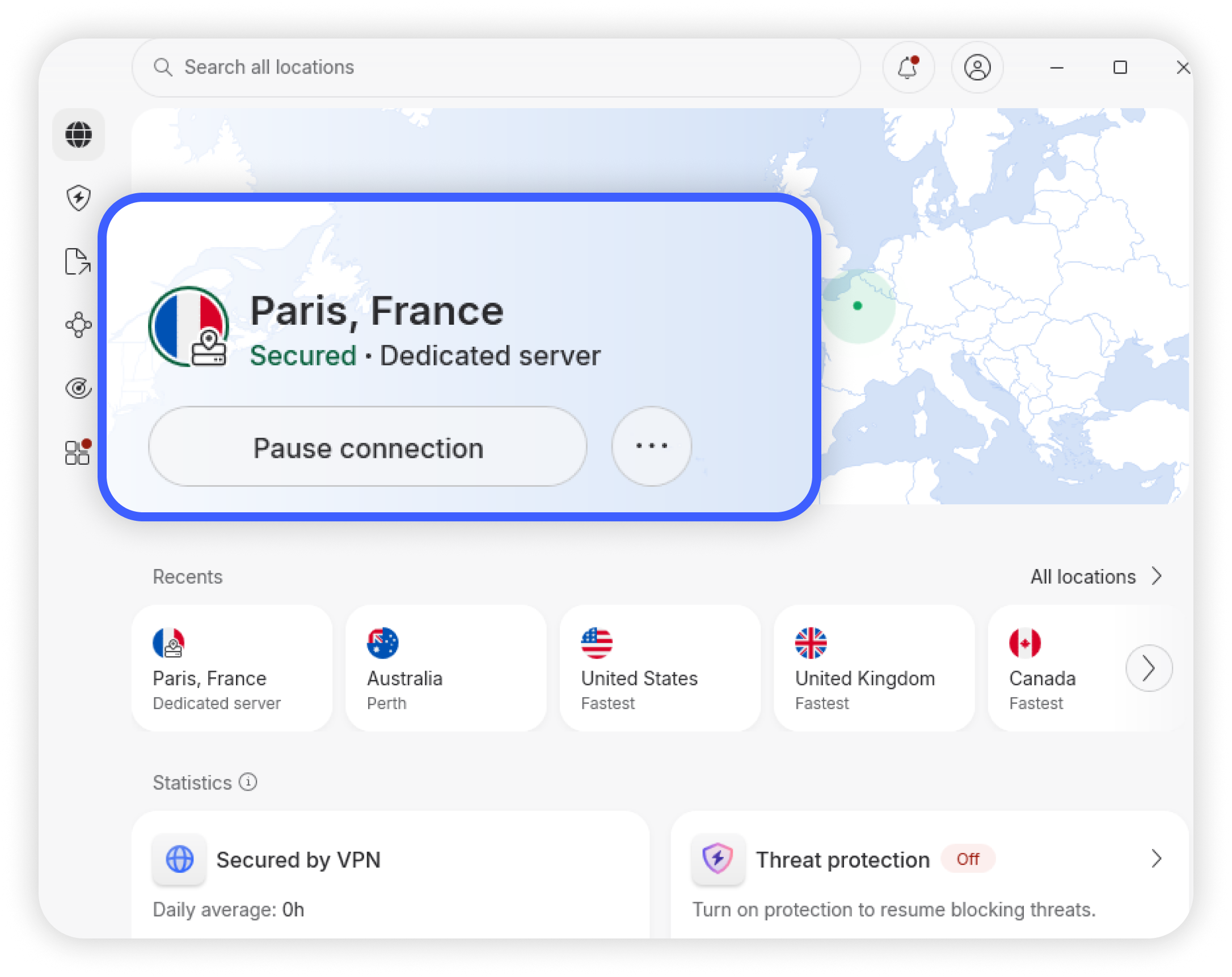 NordVPN voor Windows met actieve verbindingskaart: Parijs, Frankrijk, Beveiligd, Dedicated server, met knop Verbinding pauzeren