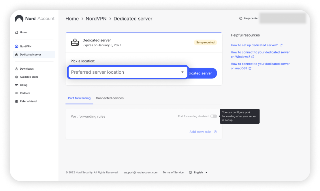 Strona konfiguracji serwera dedykowanego Nord Account z podświetlonym menu rozwijanym 'Preferred server location' umożliwiającym wybór lokalizacji serwera
