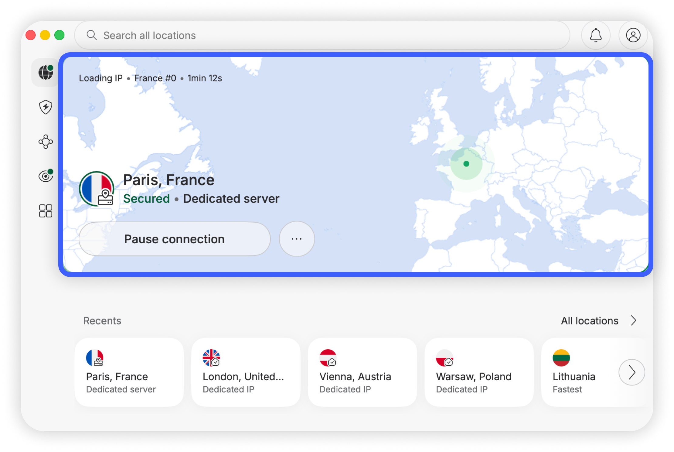 NordVPN para macOS exibindo o card de conexão ativa: Paris, França, Protegido, servidor Dedicado, com o botão de pausar a conexão