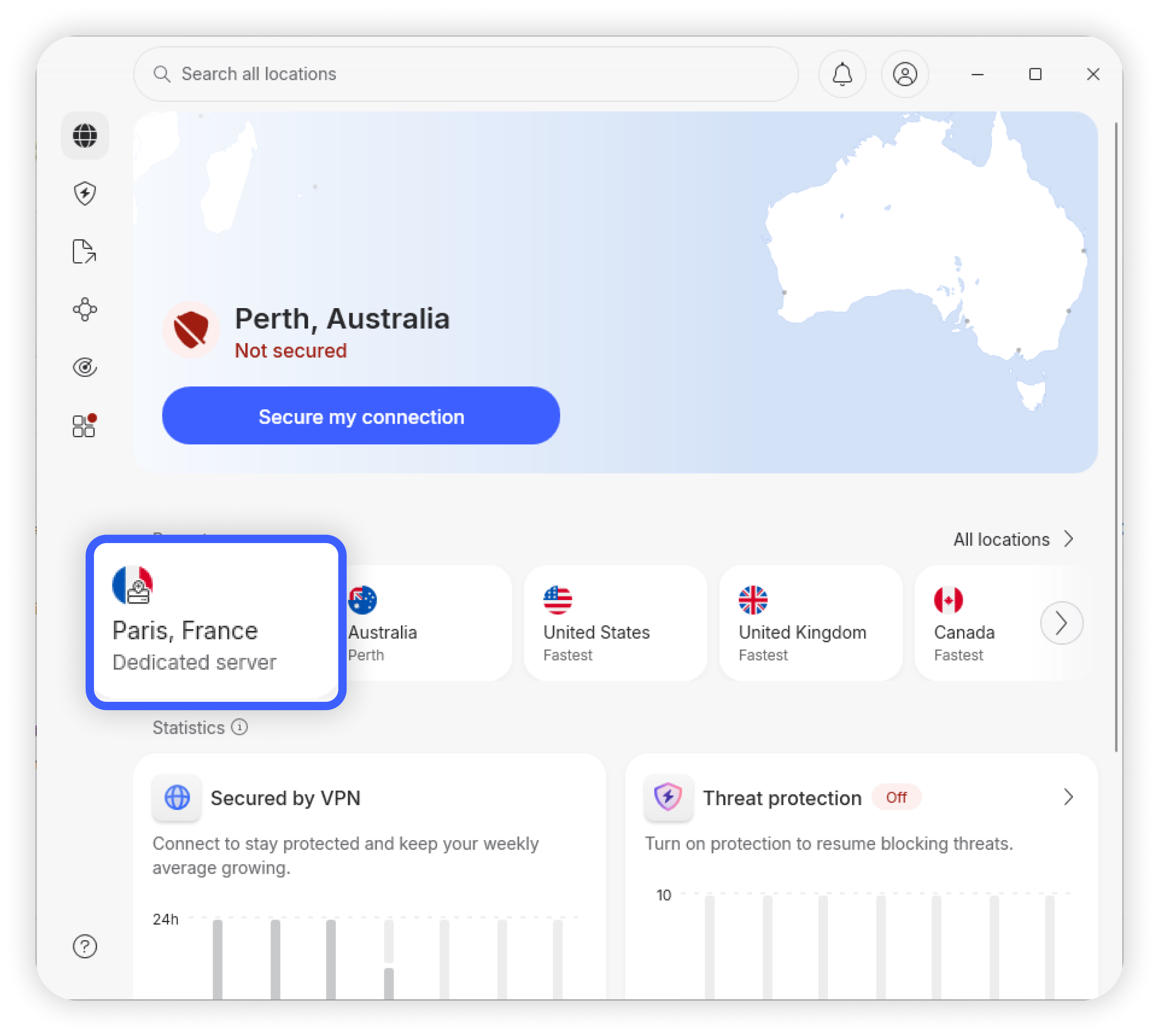NordVPN för Windows startskärm med posten Paris, Frankrike Dedicated server markerad i listan Senaste
