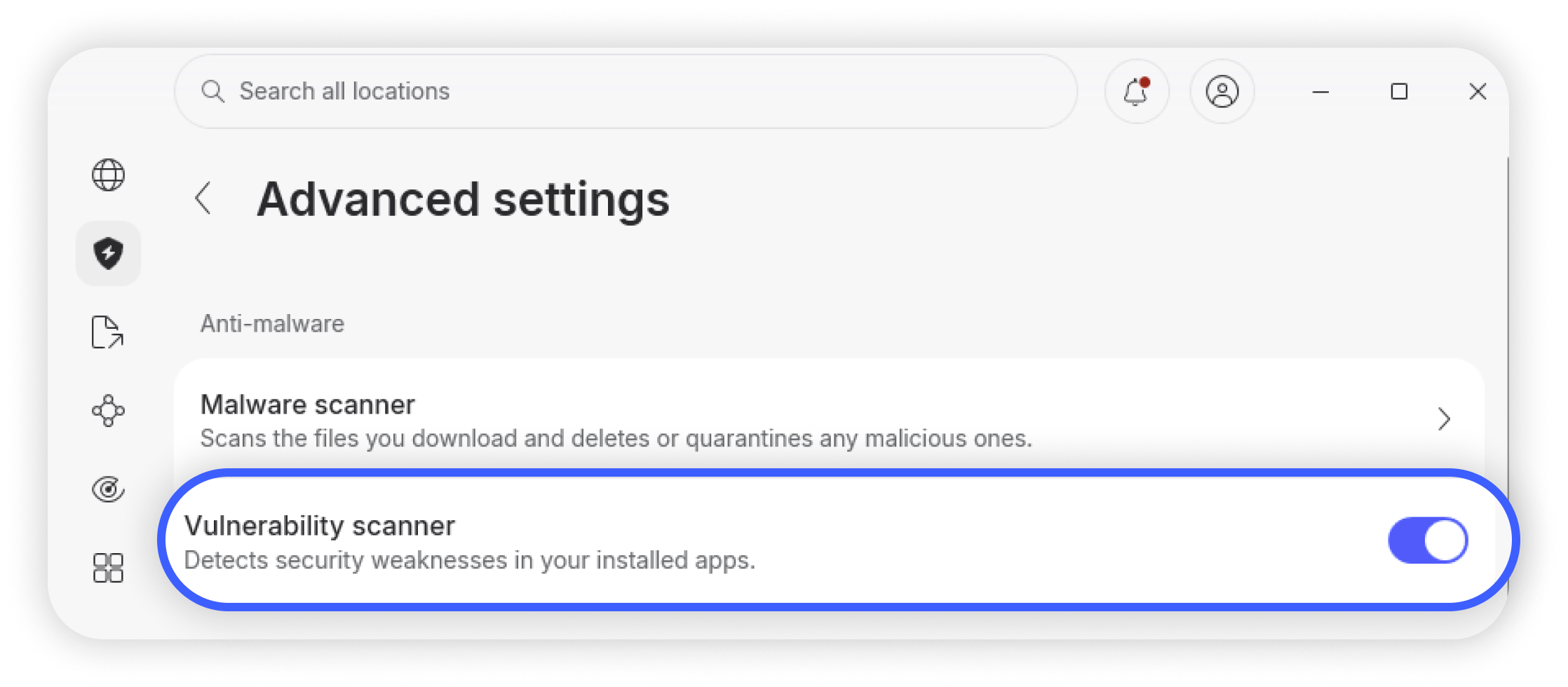 Vulnurability scanner toggle switch turned on