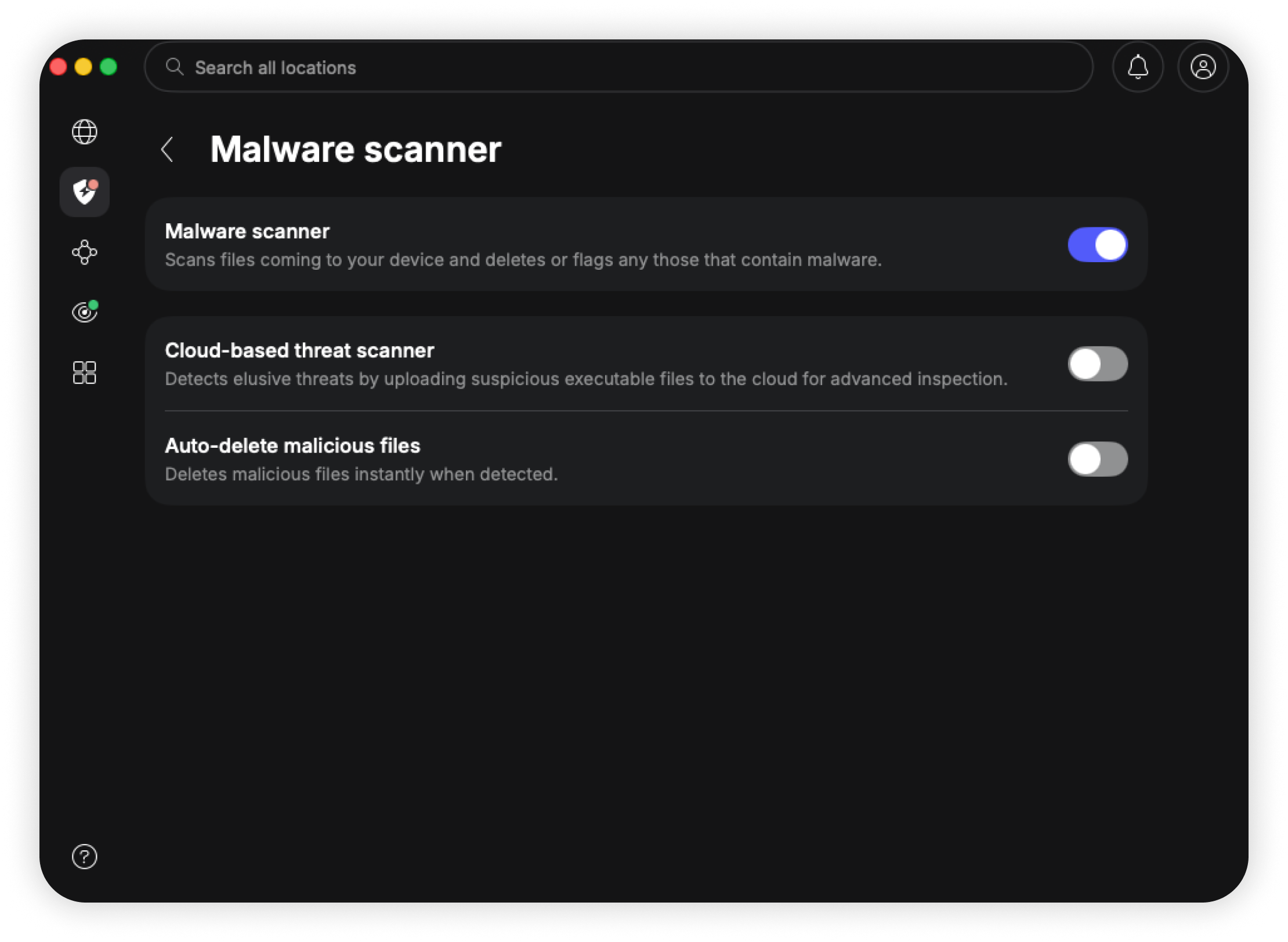 Malware scanner toggle switch turned on