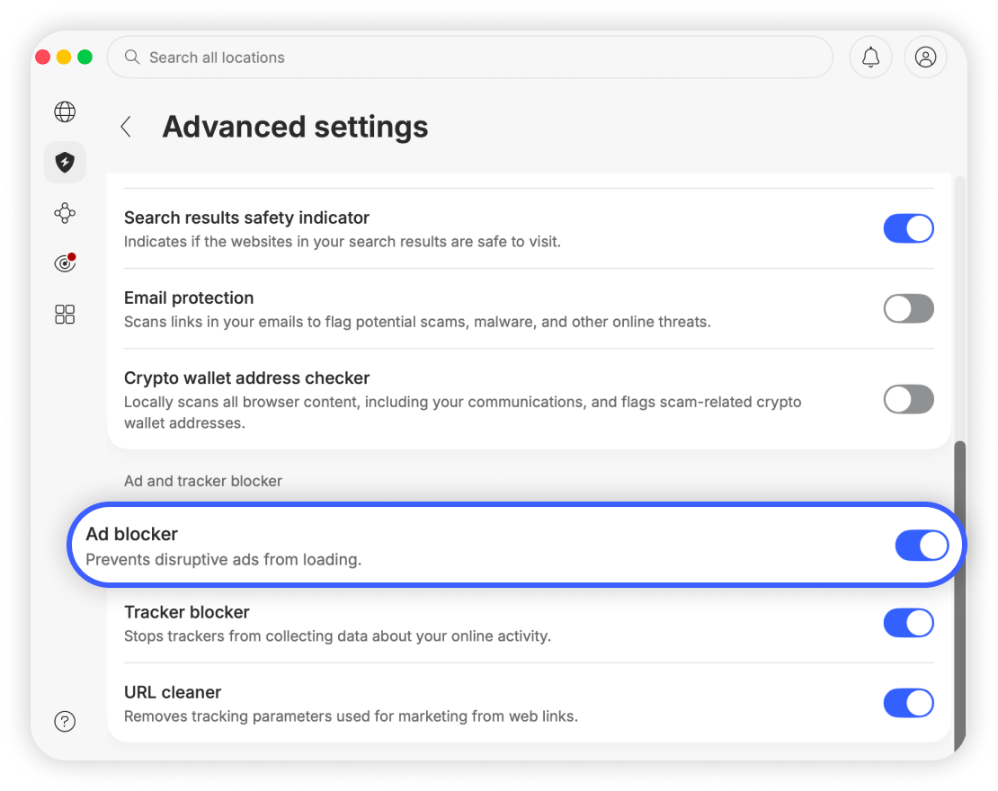 Ad blocker toggle switch turned on
