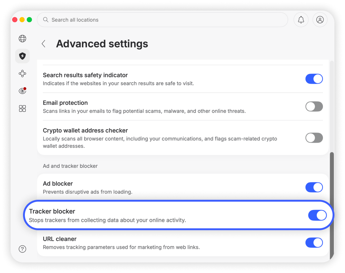 Tracker blocker toggle switch turned on