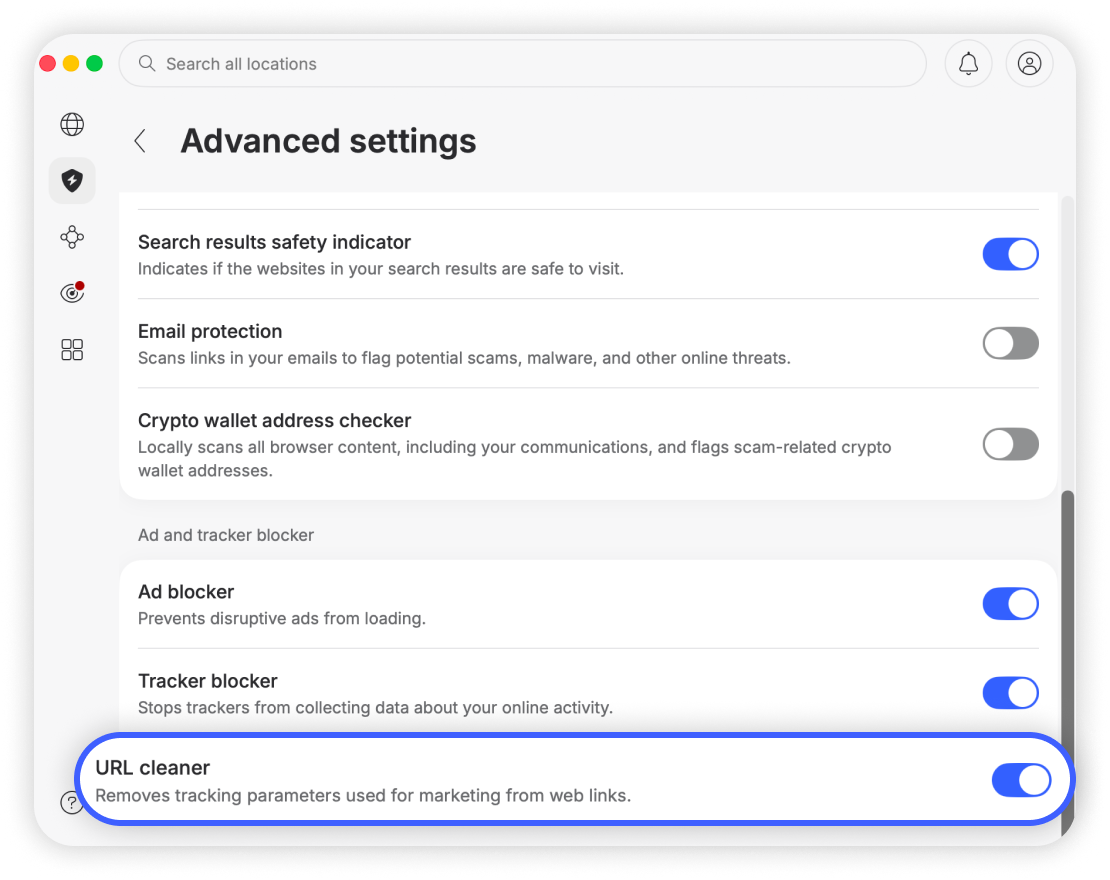 URL cleaner toggle switch turned on
