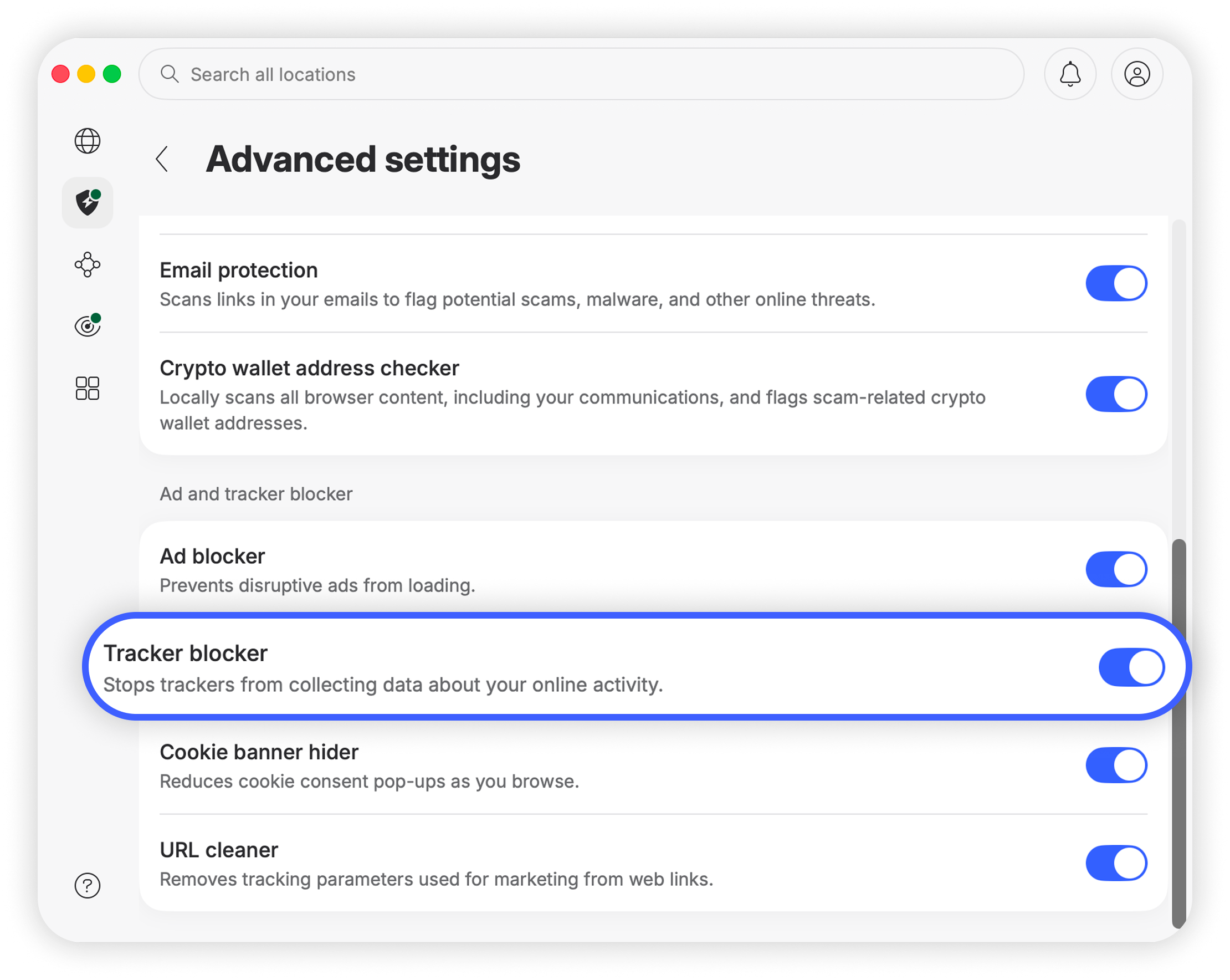 Tracker blocker toggle switch turned on