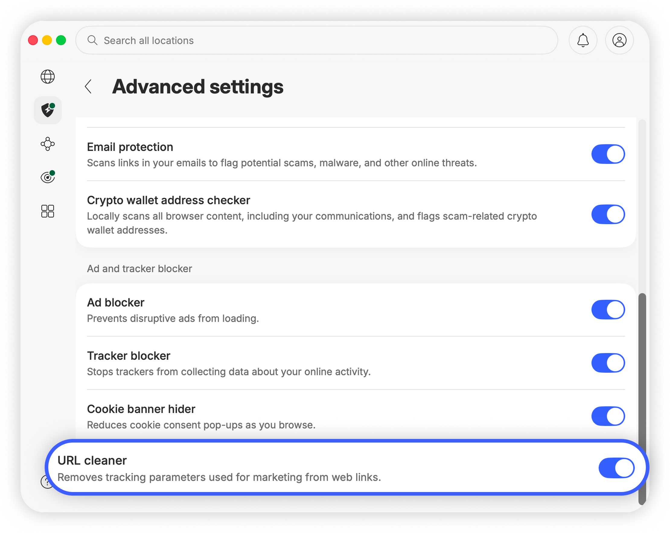 URL cleaner toggle switch turned on