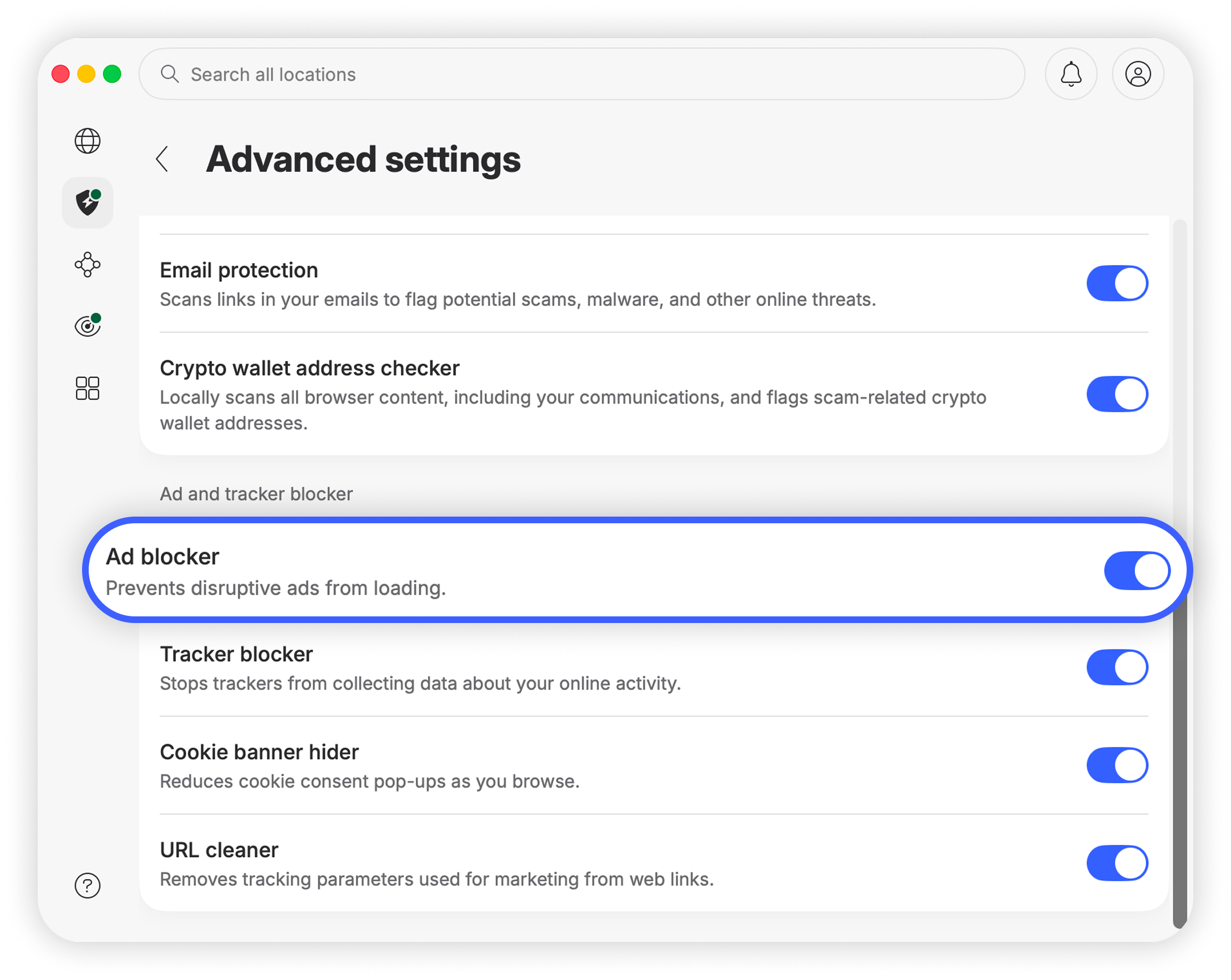 Ad blocker toggle switch turned on