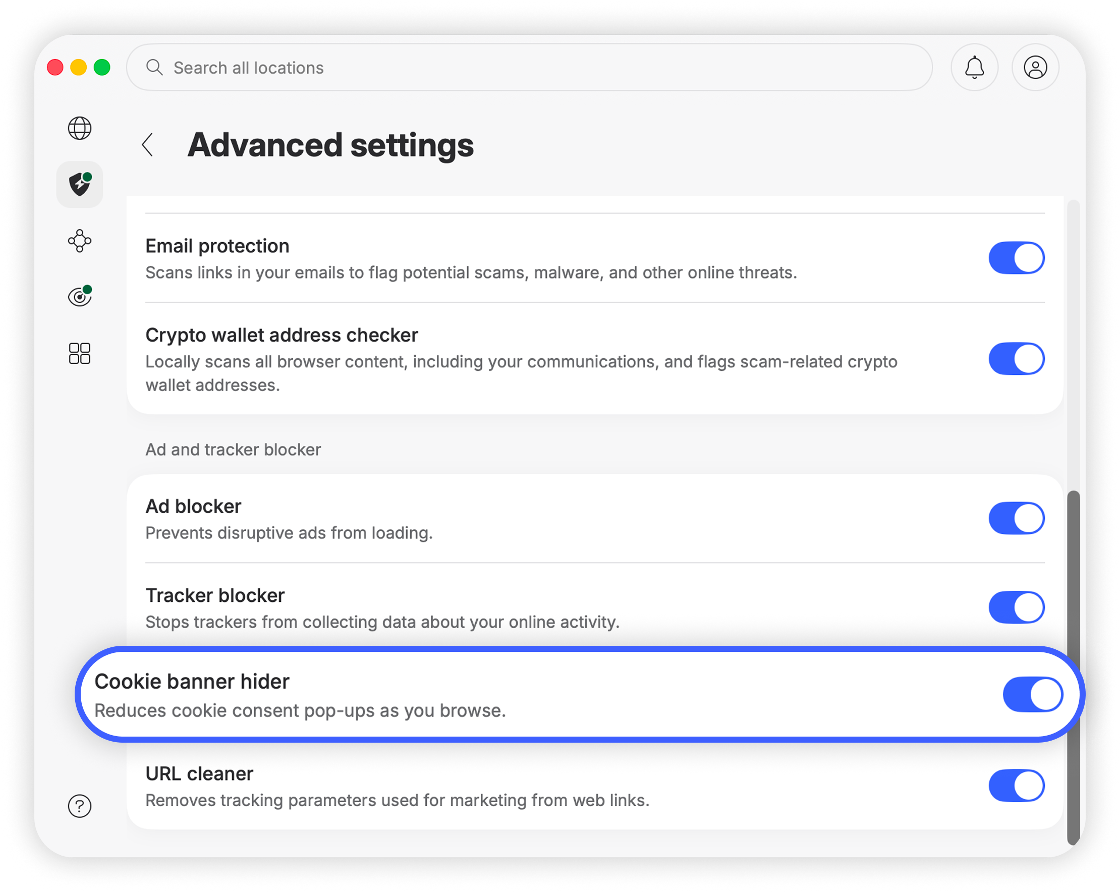 Cookie banner hider toggle switch turned on