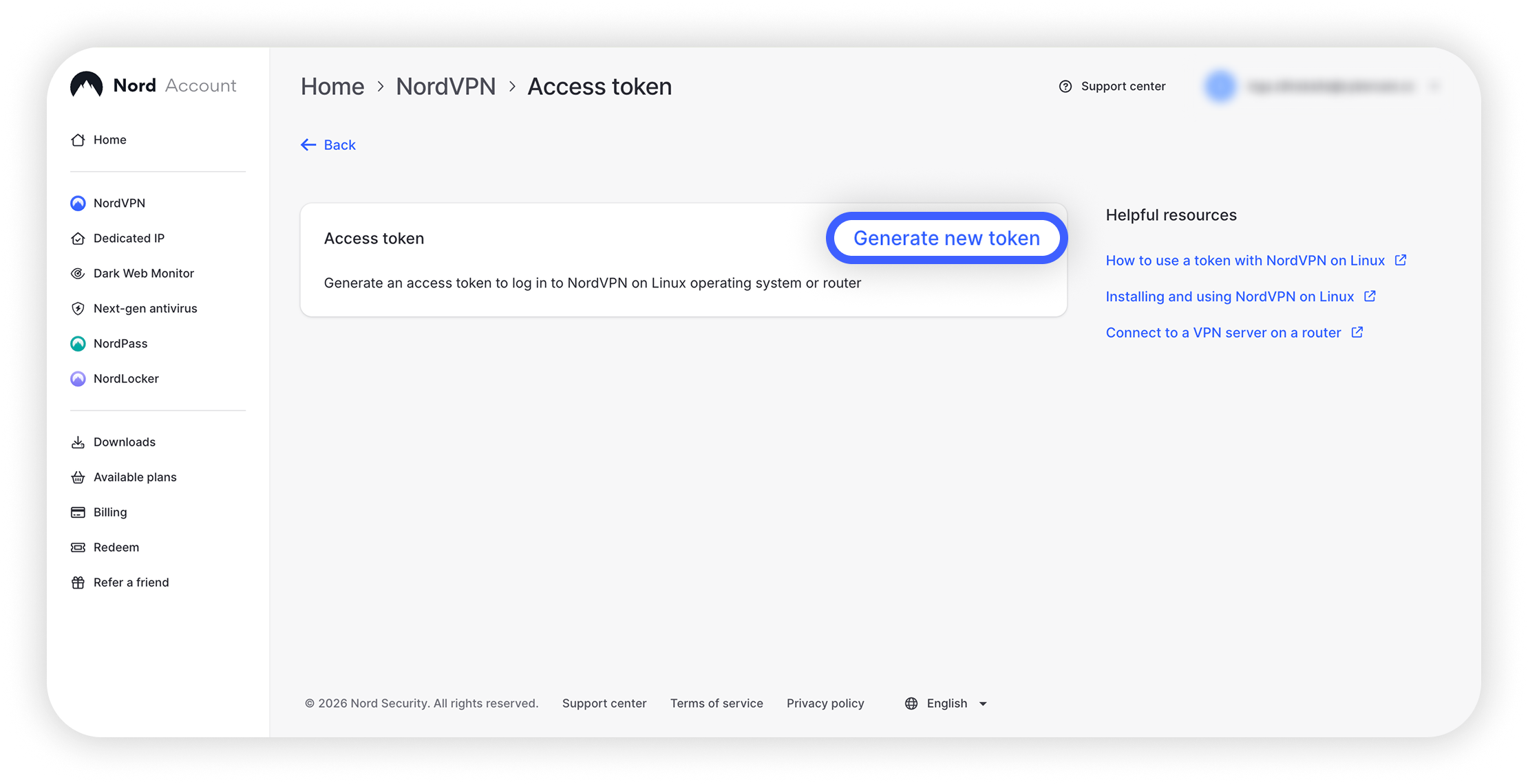 Nord Account Access token page with 'Generate new token' button highlighted