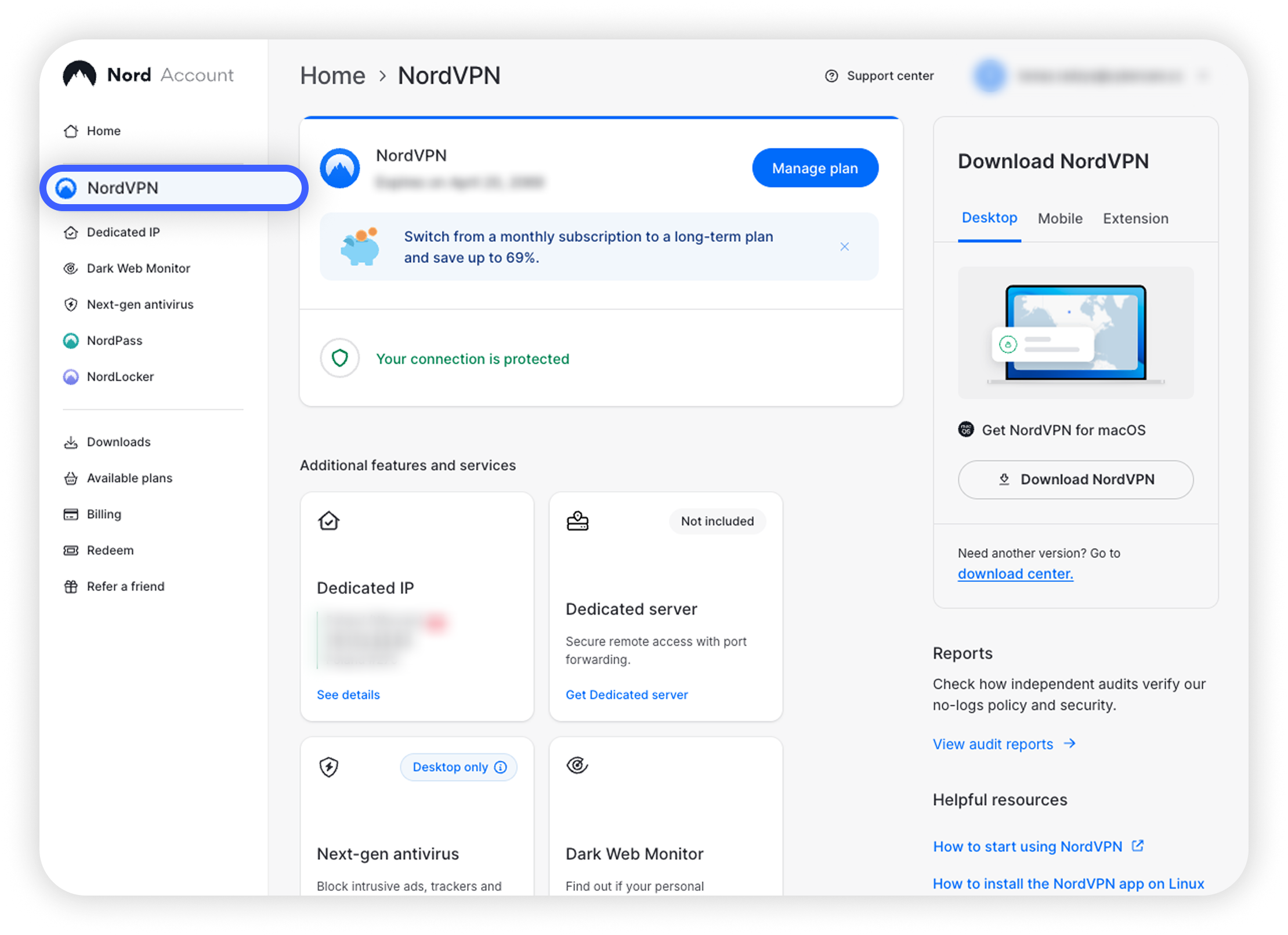 Nord Account Services page with NordVPN selected and highlighted in the left sidebar