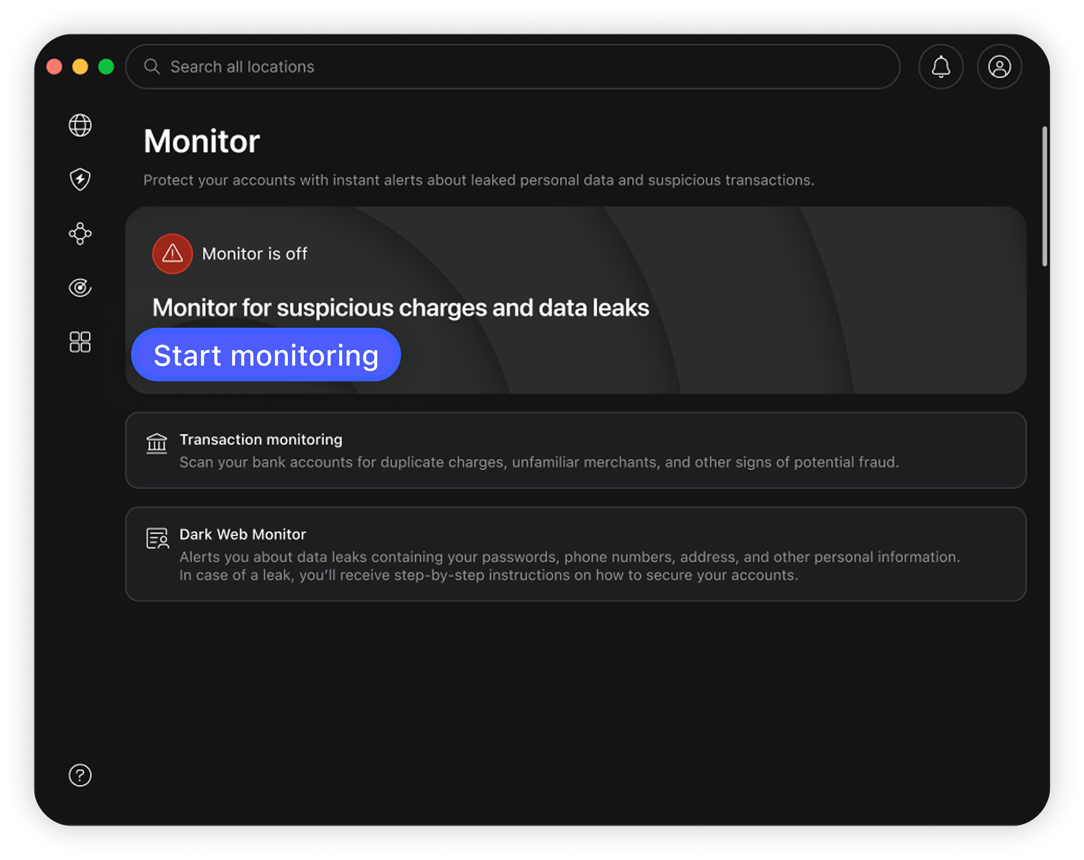 NordVPN desktop app Monitor overview page showing the Start Monitor highlighted