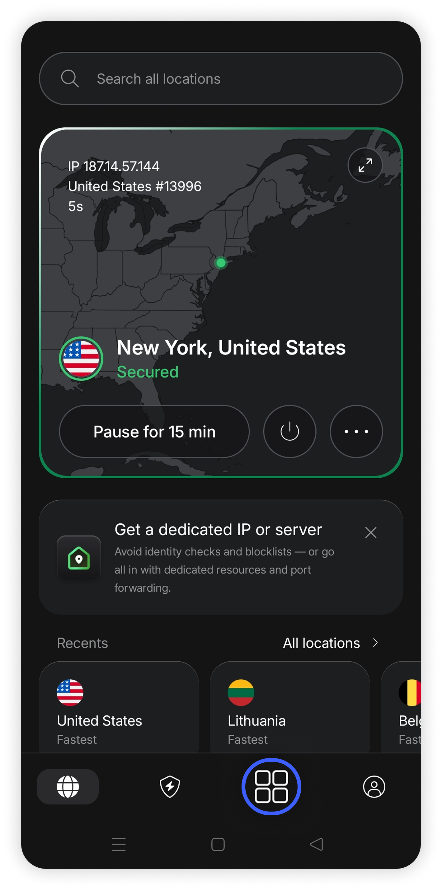NordVPN mobile app home screen with the Products (four squares) button highlighted in the bottom navigation bar