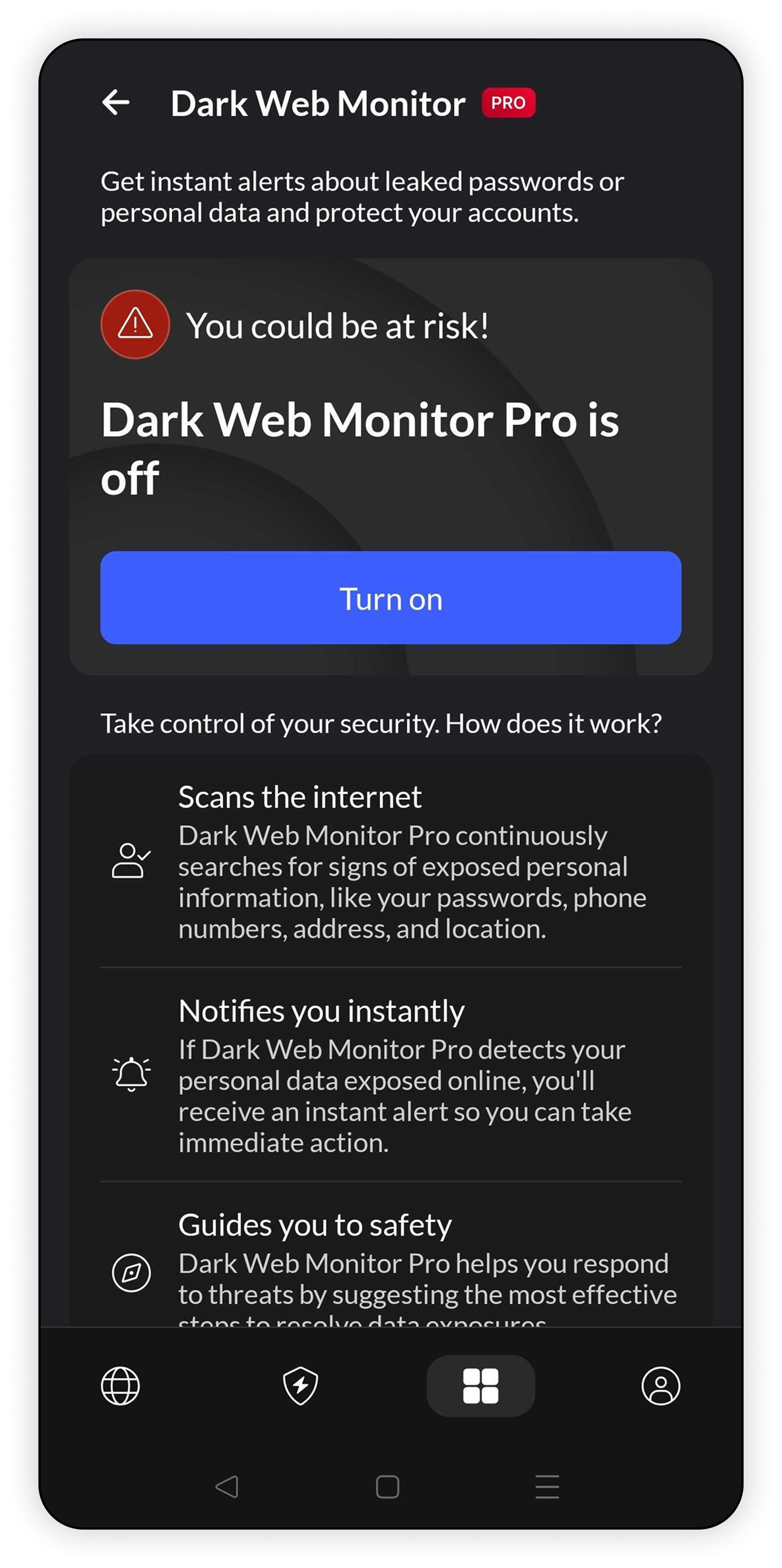 NordVPN mobile app Dark Web Monitor page showing 'Dark Web Monitoris off' and 'Turn on' button
