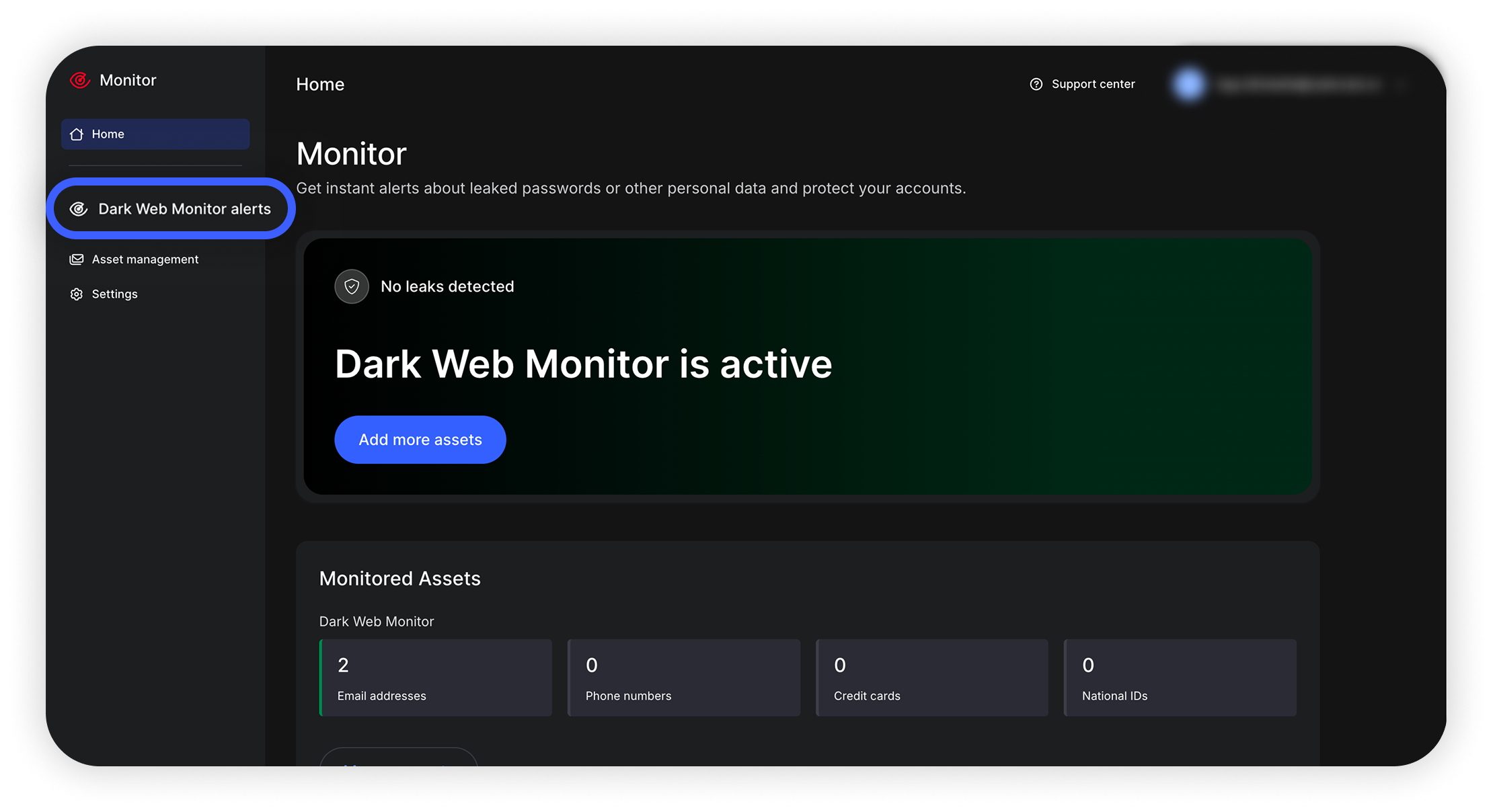 Nord Account Dark Web Monitor Home page with 'Dark Web Monitor alerts' option highlighted in the left sidebar