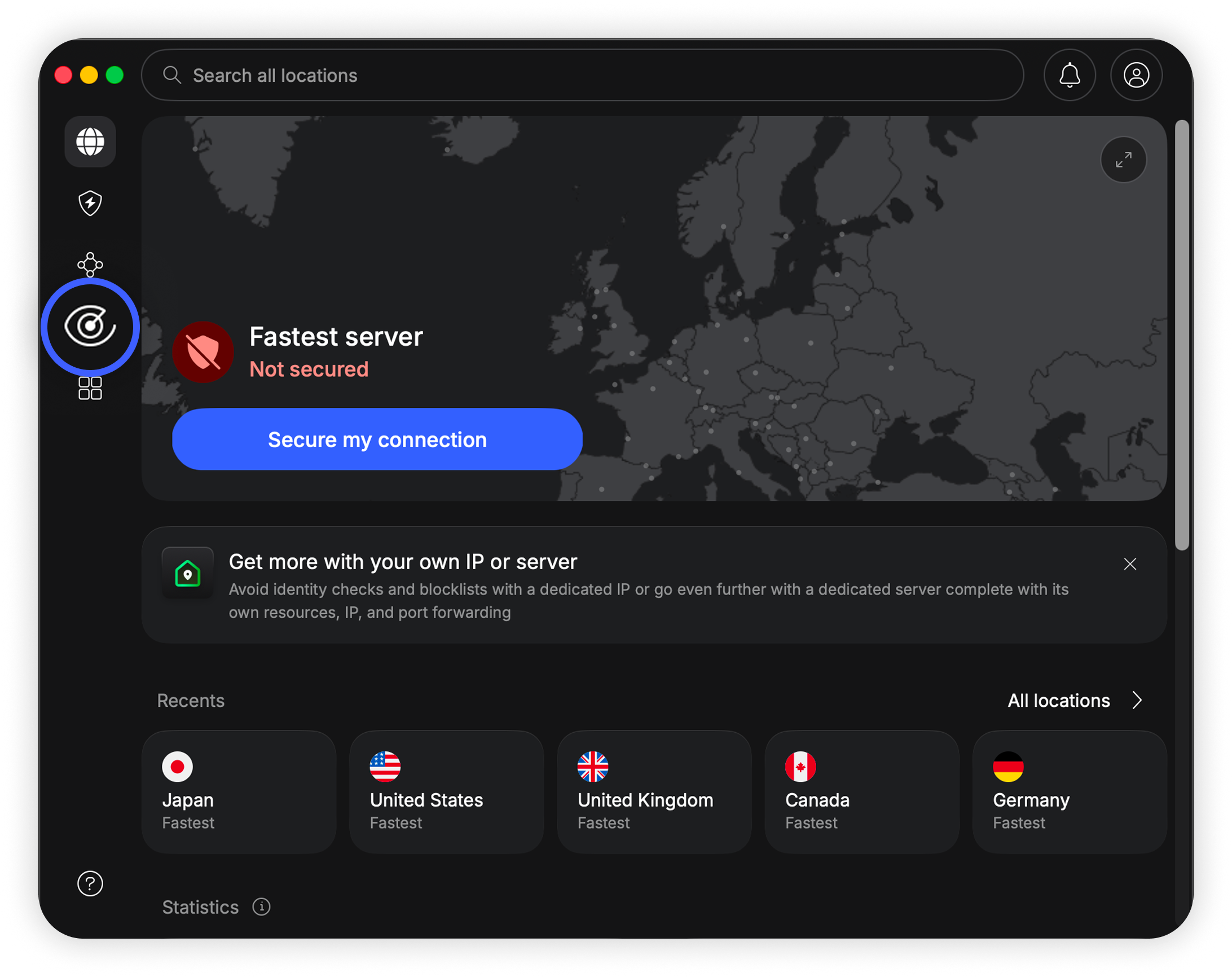 NordVPN desktop app home screen with the Monitor icon highlighted in the left sidebar