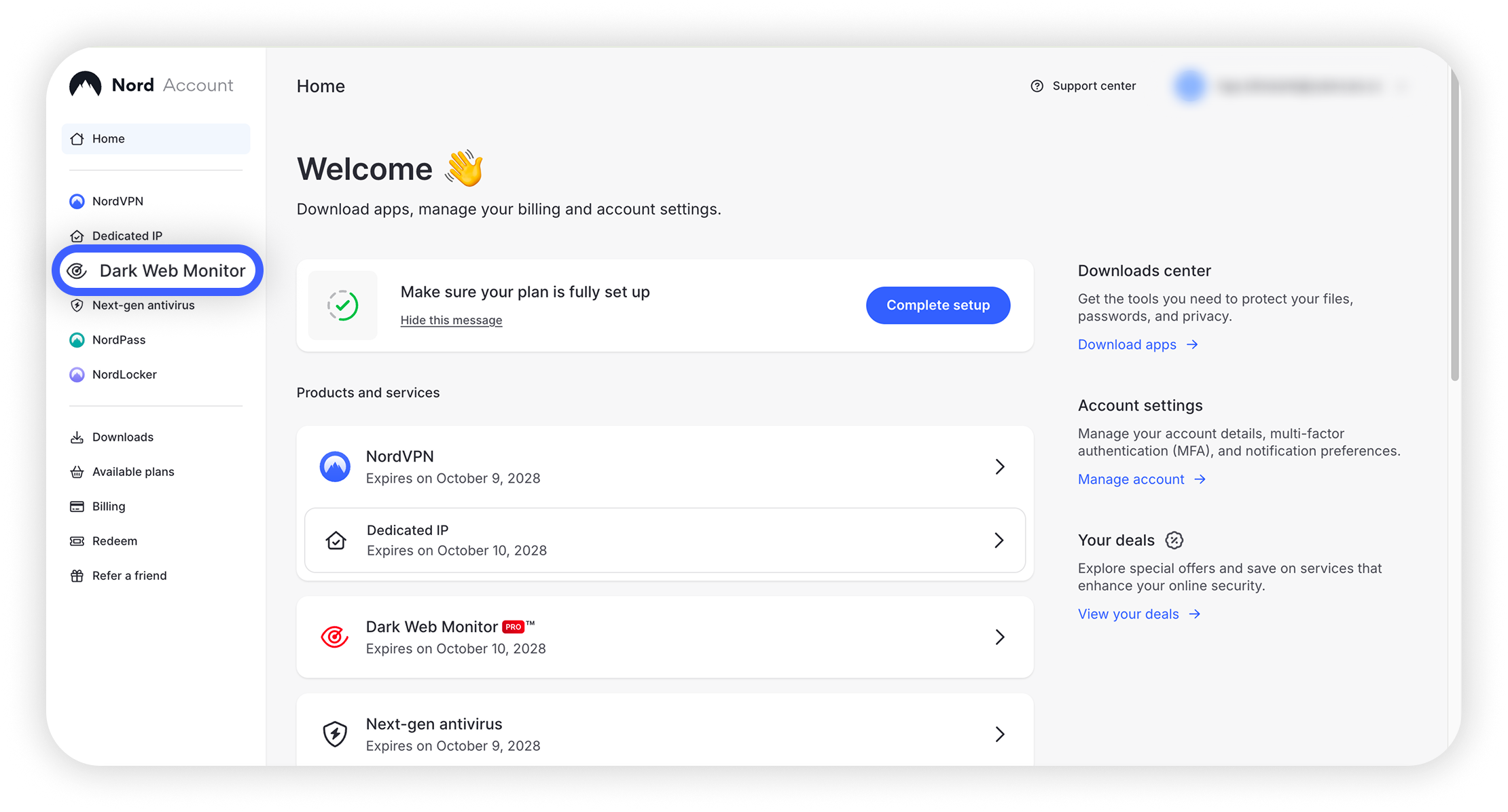 Nord Account dashboard with 'Dark Web Monitor' highlighted in the left sidebar navigation