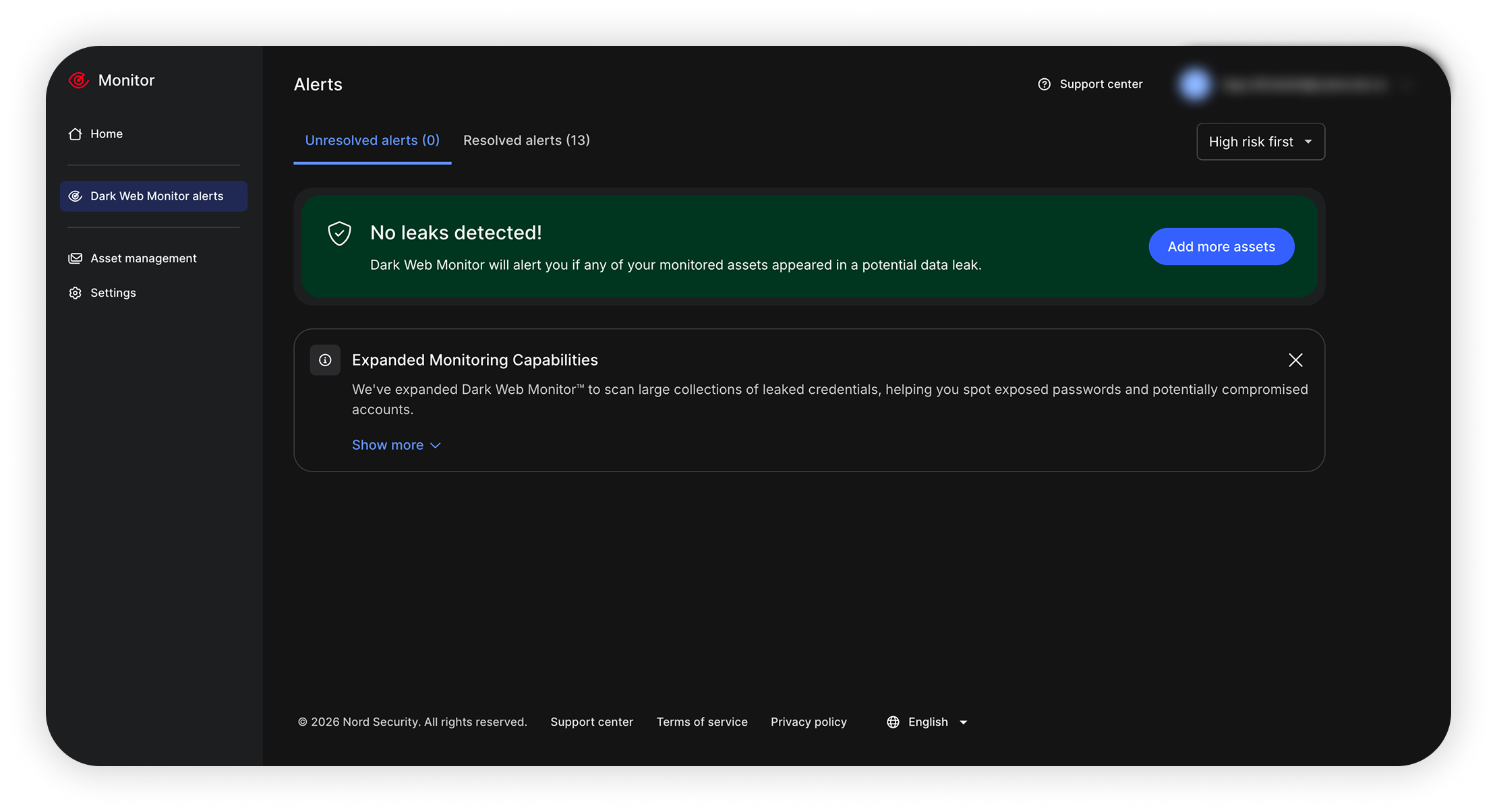 Nord Account Dark Web Monitor alerts page showing Unresolved alerts (0) and Resolved alerts (13) tabs with 'No leaks detected' status